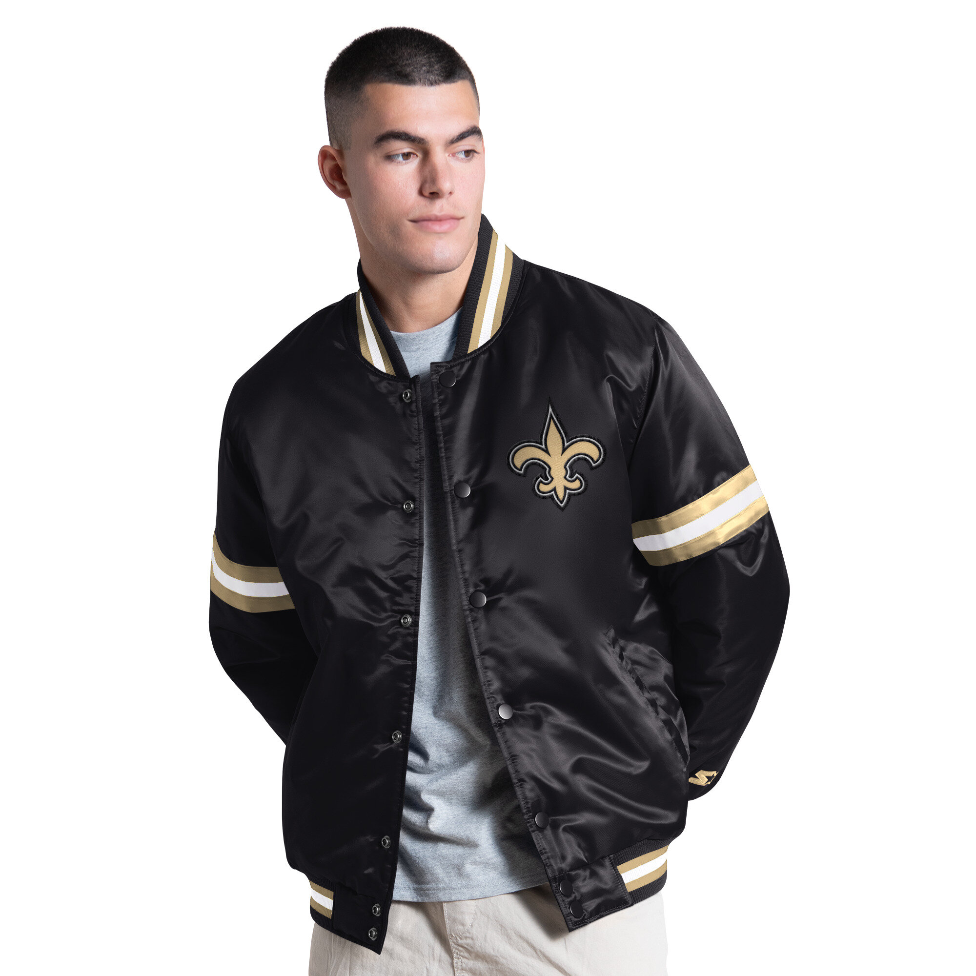 Men's Starter Black New Orleans Saints Courtside Varsity Full Snap Jacket