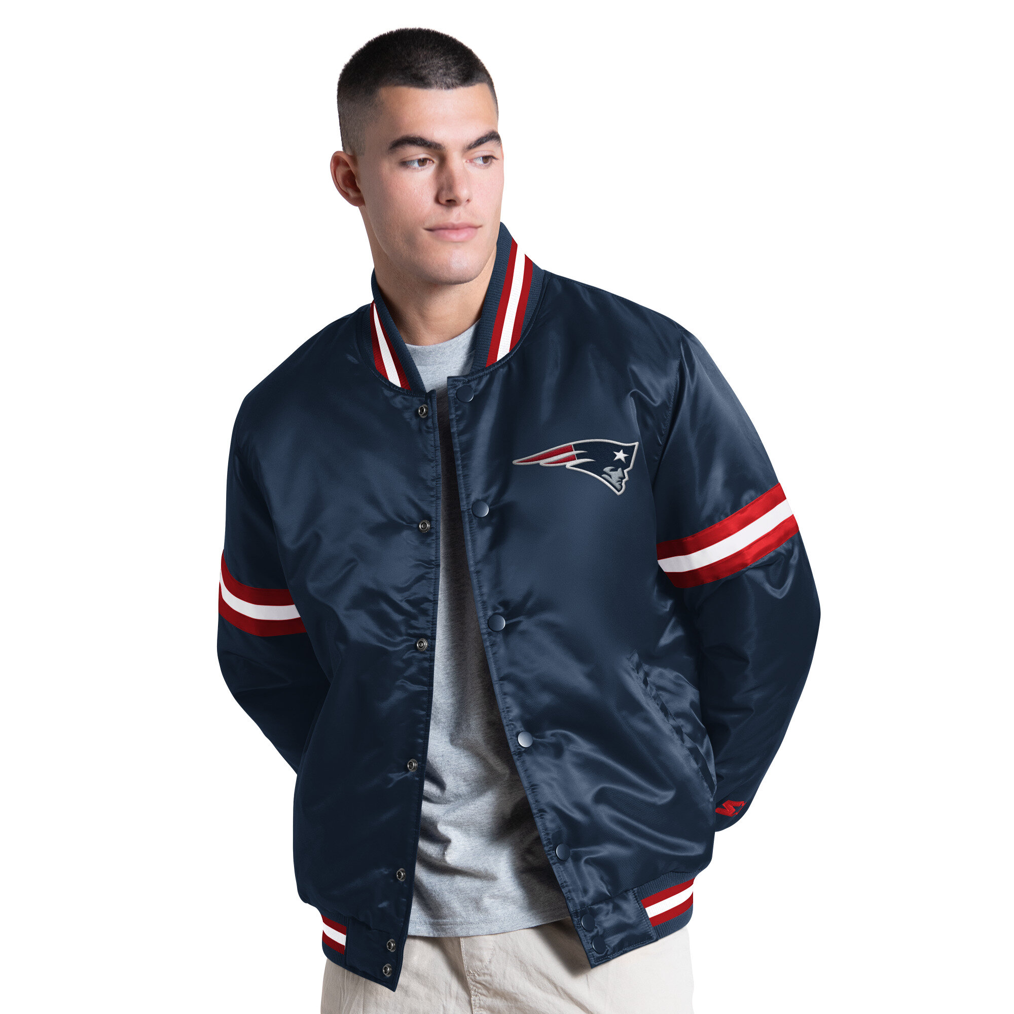 Men's Starter Navy New England Patriots Courtside Varsity Full Snap Jacket