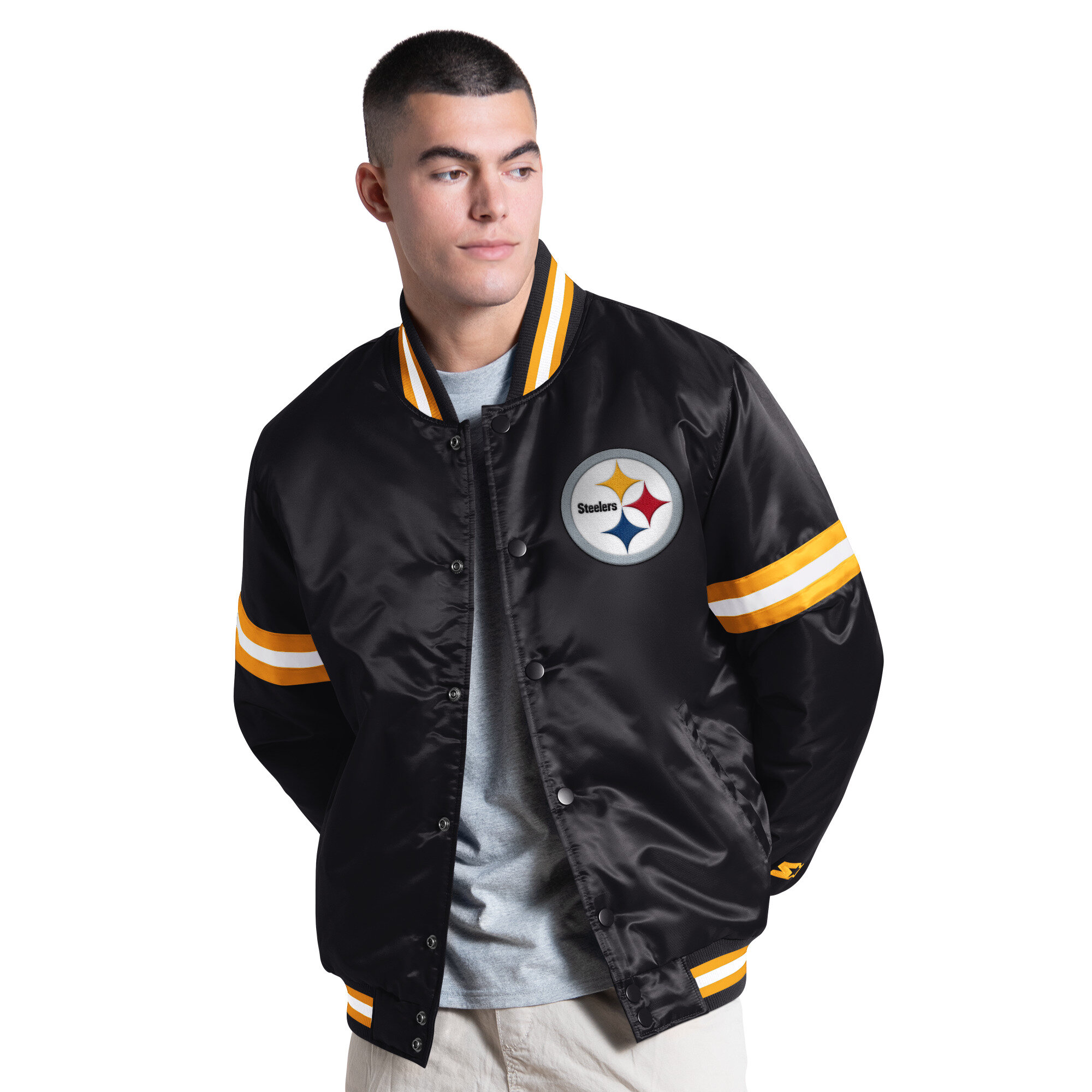 Starter Men's Black Pittsburgh Steelers Courtside Varsity Full Snap Jacket - Black, Gold