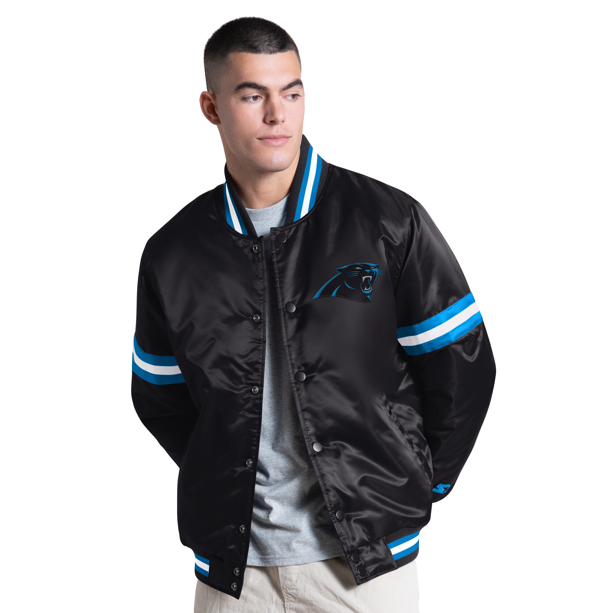 Men's Starter Black Carolina Panthers Courtside Varsity Full Snap Jacket