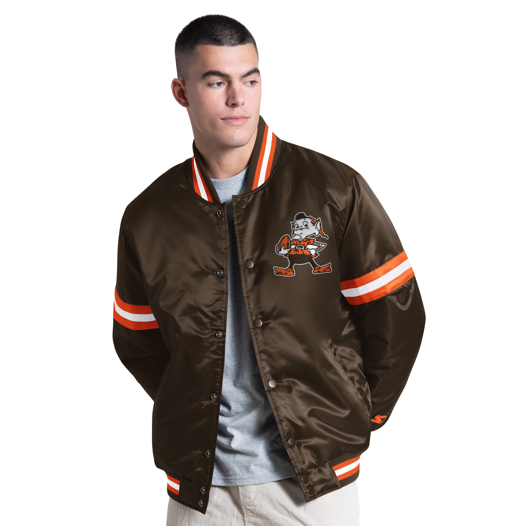 Men's Starter Brown Cleveland Browns Courtside Varsity Retro Logo Full Snap Jacket