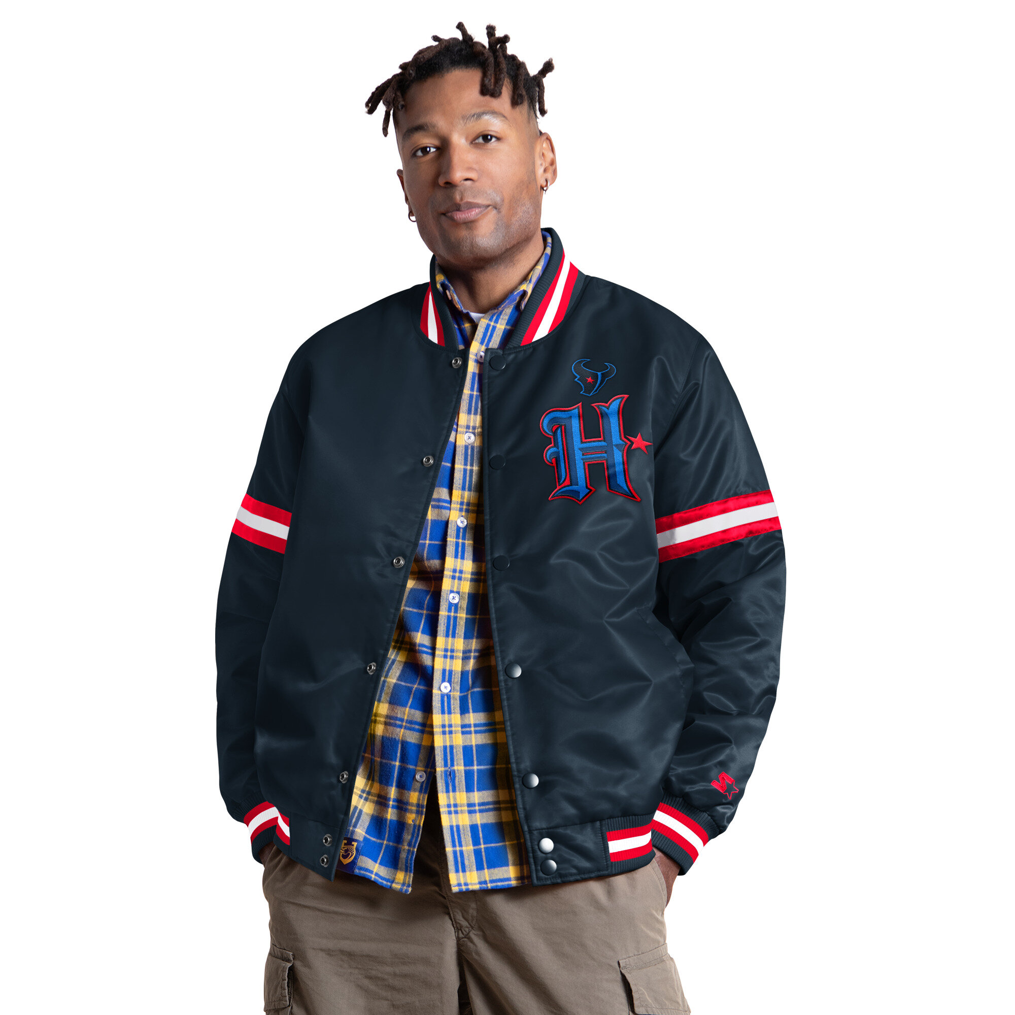 Men's Starter Navy Houston Texans Courtside II Alternate Logo Varsity Full Snap Jacket