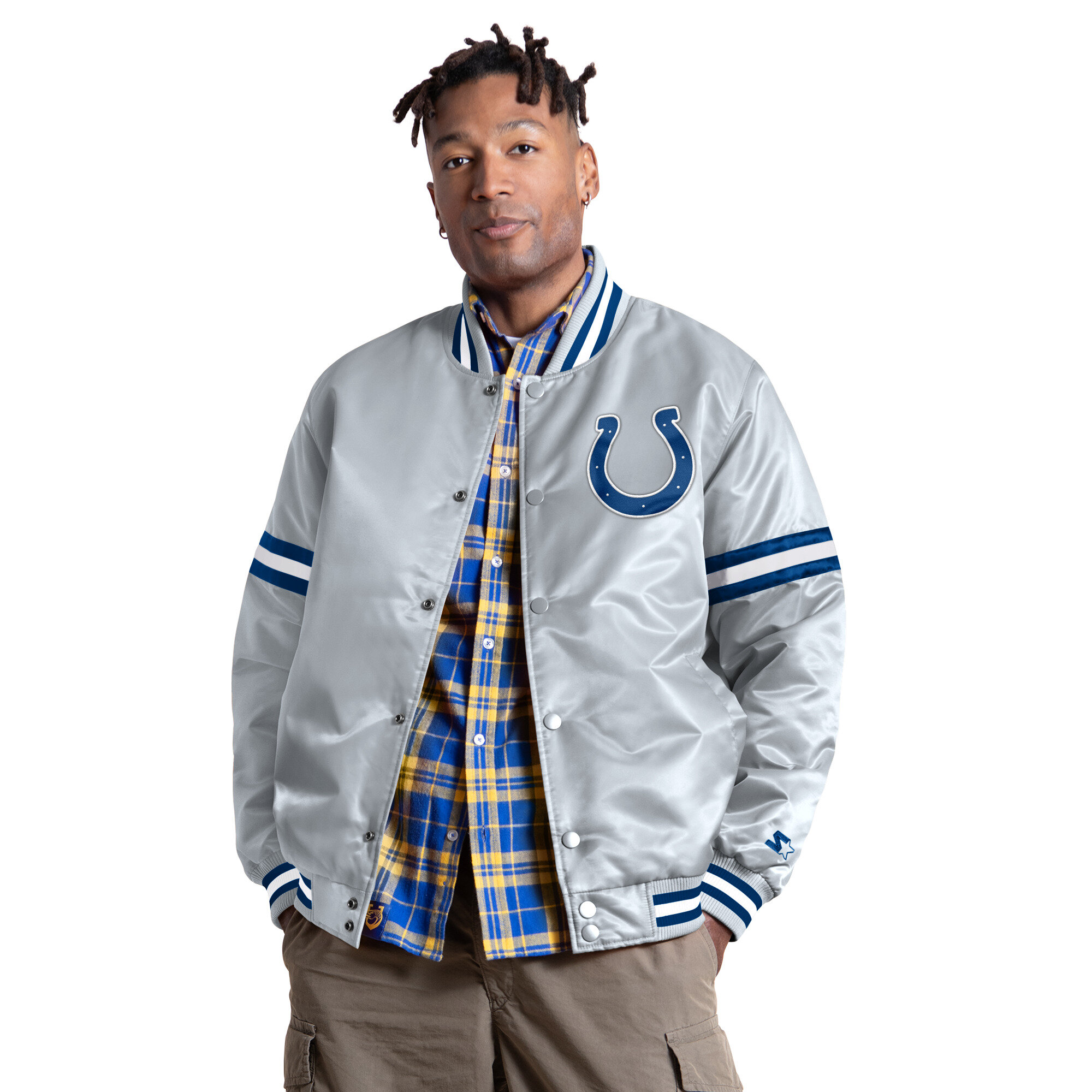 Men's Starter Gray Indianapolis Colts Courtside II Alternate Logo Varsity Full Snap Jacket