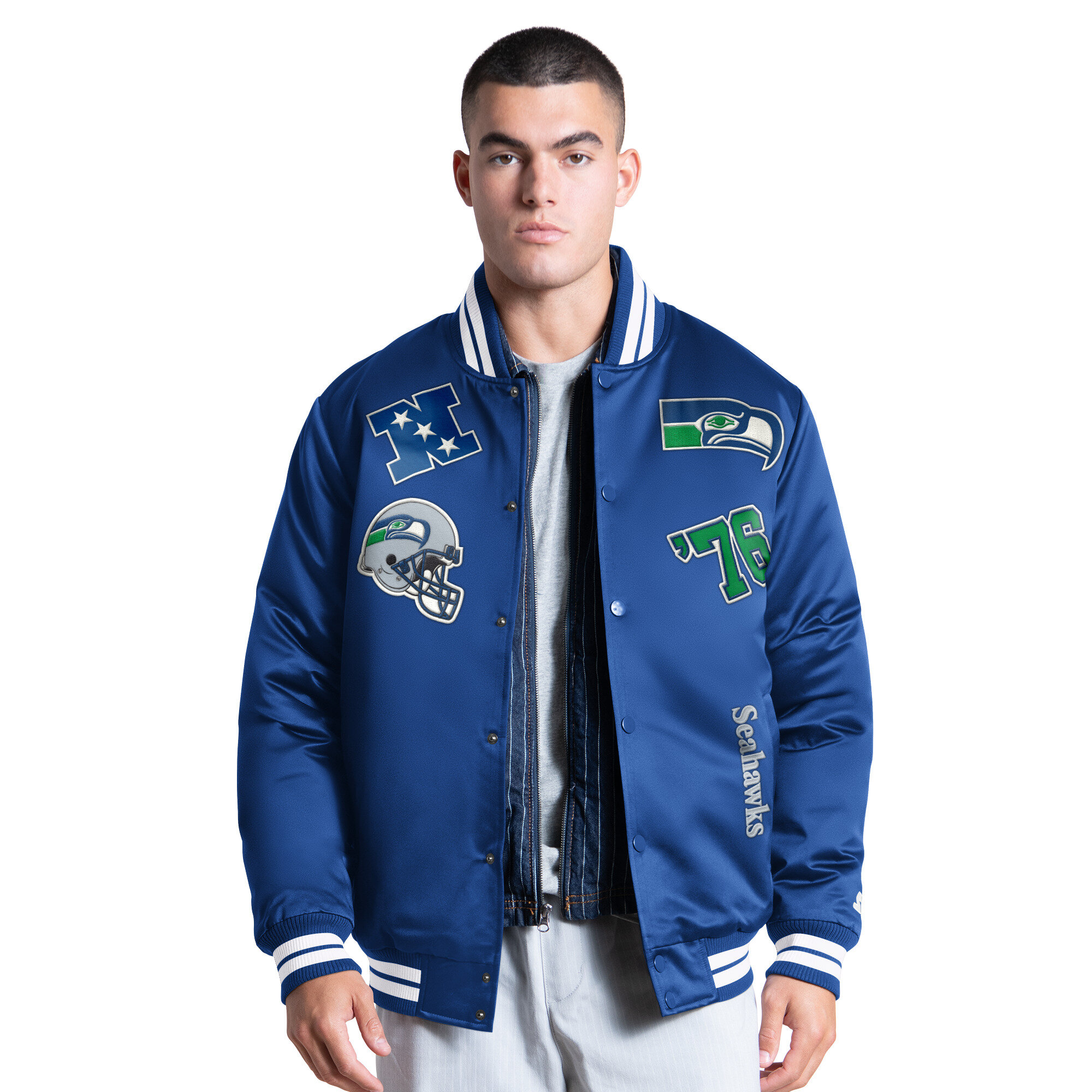 Starter Men's Royal Seattle Seahawks Elite Full Snap Varsity Jacket - Royal, White