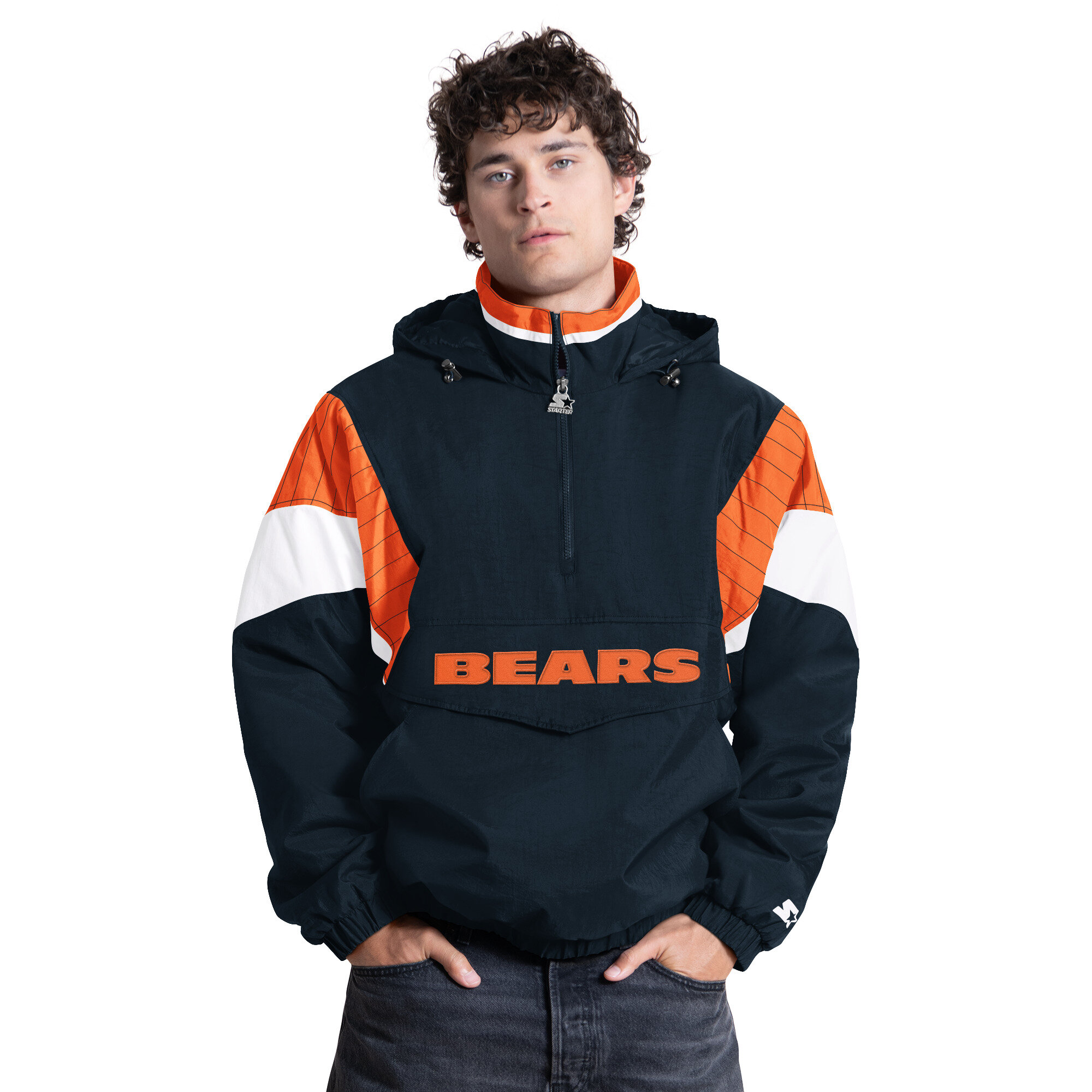 Men's Starter Navy Chicago Bears Half-Zip Hooded Jacket