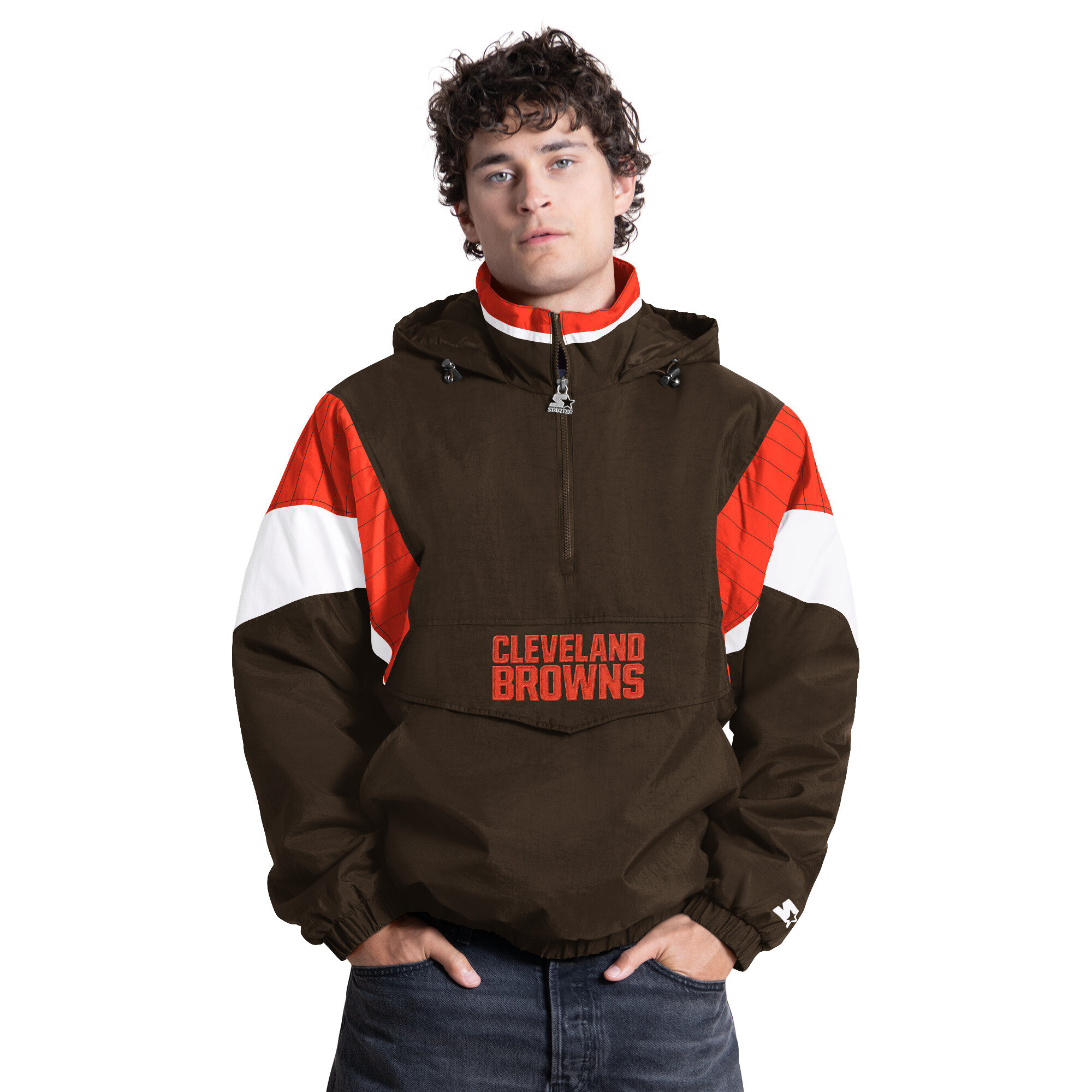 Starter Men's Brown Cleveland Browns The Throwback Half-Zip Hooded Jacket - Brown, Orange