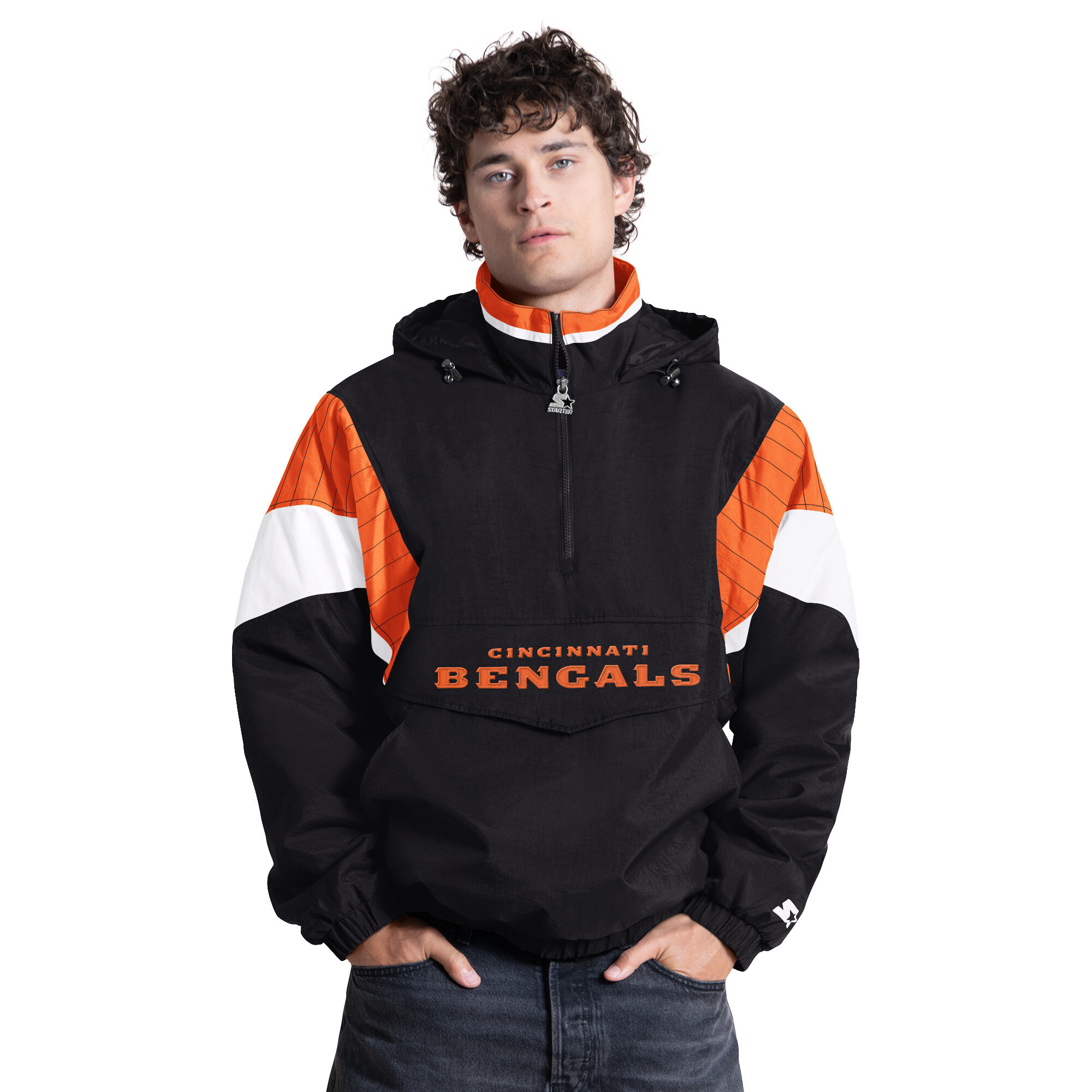 Men's Starter Black Cincinnati Bengals Half-Zip Hooded Jacket