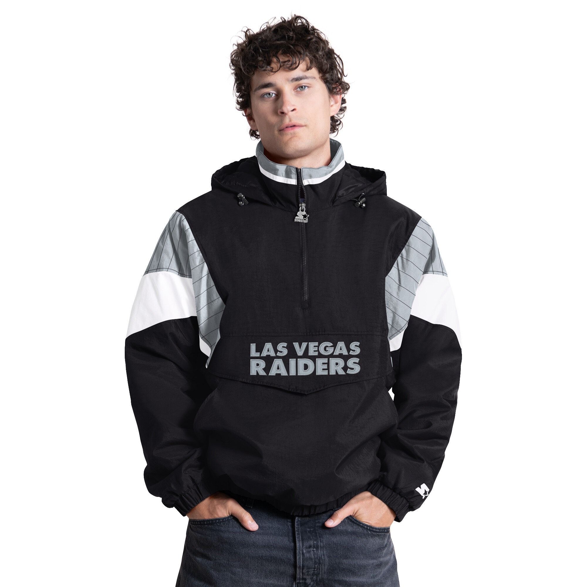 Starter Men's Black Las Vegas Raiders The Throwback Half-Zip Hooded Jacket - Black, Silver
