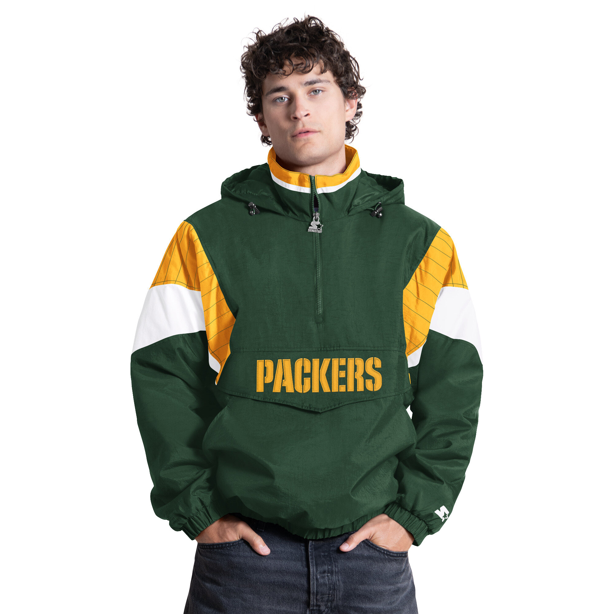 Men's Starter Green Green Bay Packers Half-Zip Hooded Jacket