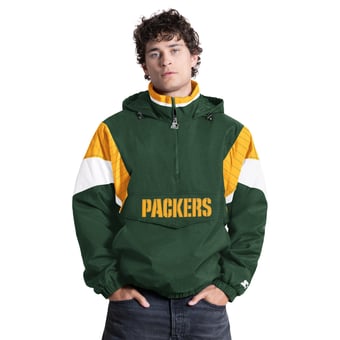 Men's Starter Green Green Bay Packers The Throwback Half-Zip Hooded Jacket