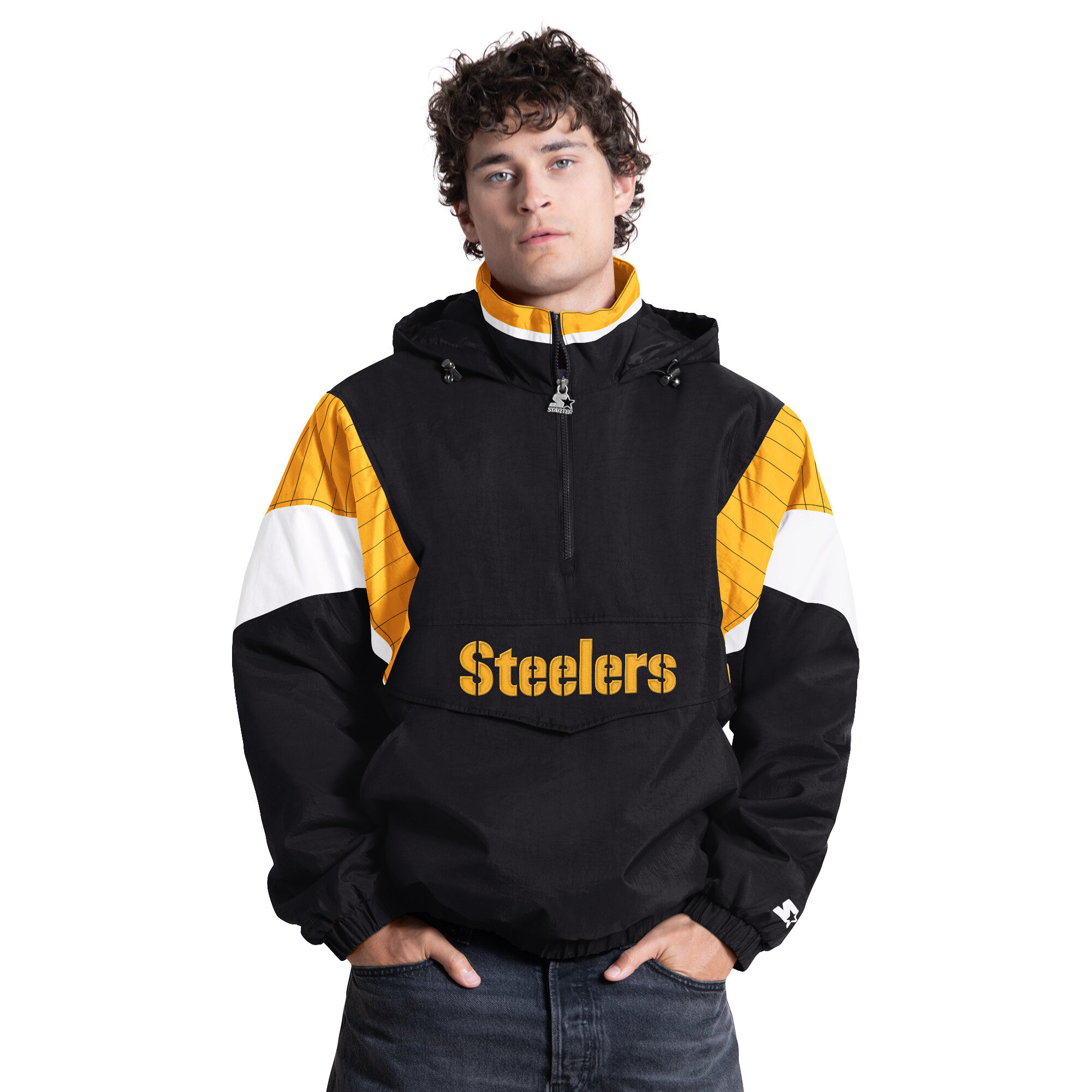 Starter Men's Black Pittsburgh Steelers The Throwback Half-Zip Hooded Jacket - Black, Gold