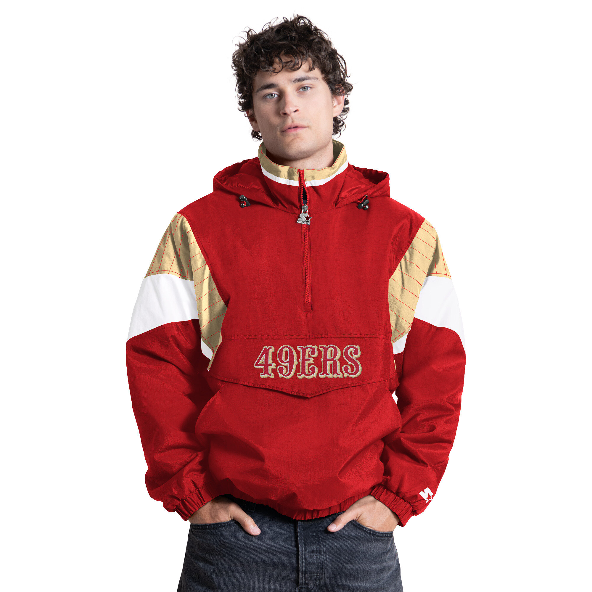 Starter Men's Scarlet San Francisco 49ers The Throwback Half-Zip Hooded Jacket - Scarlet, Gold