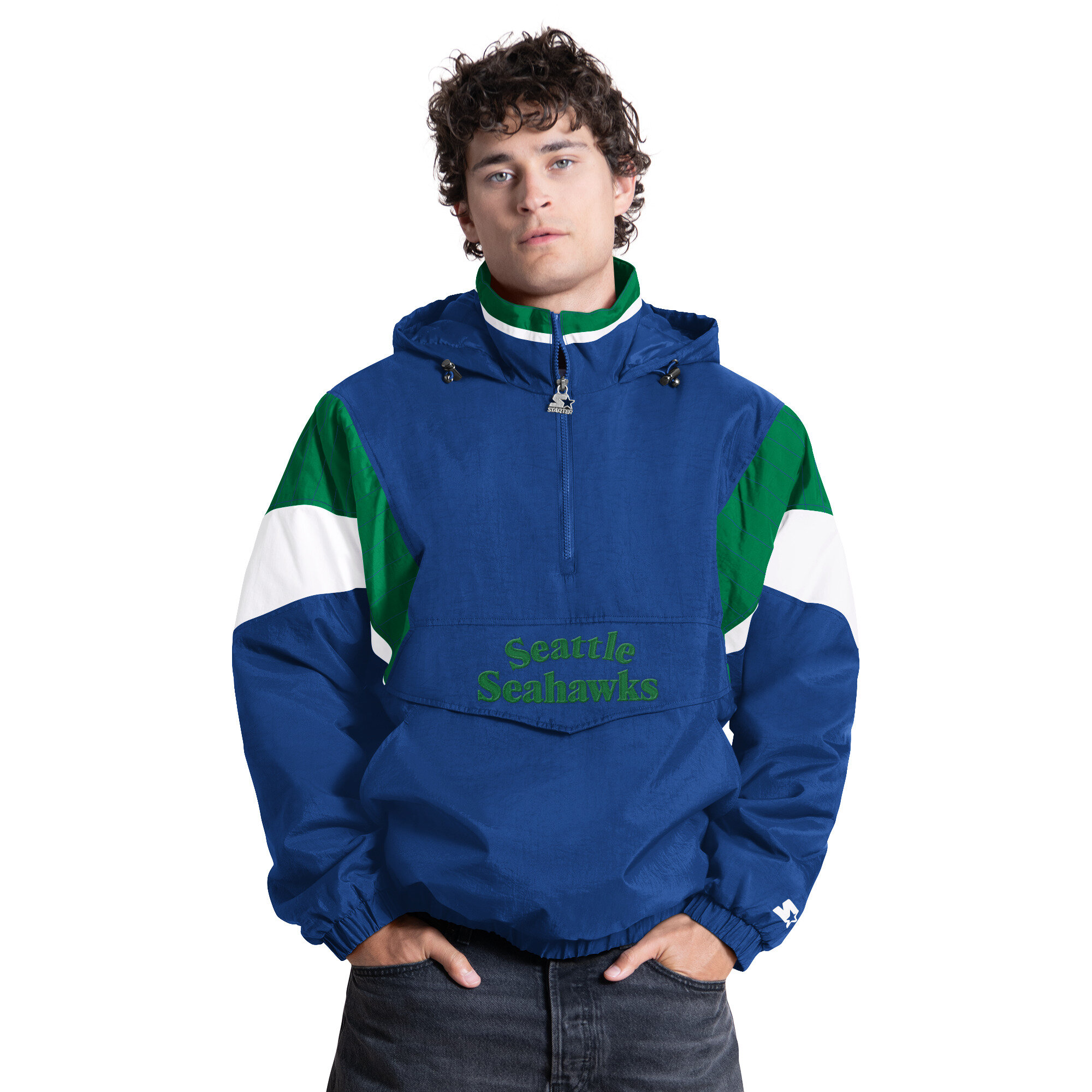 Starter Men's Royal Seattle Seahawks The Throwback Retro Logo Half-Zip Hooded Jacket - Royal, Green