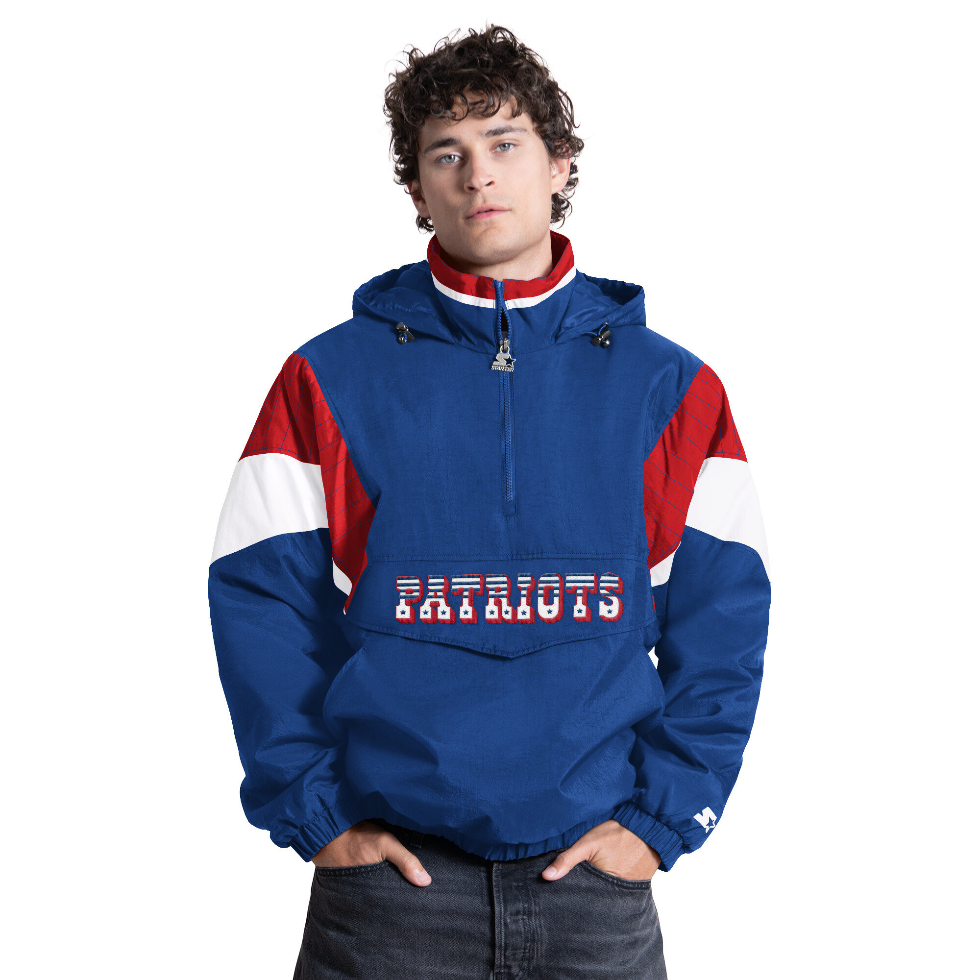 Men's Starter Royal New England Patriots The Throwback Retro Logo Half-Zip Hooded Jacket