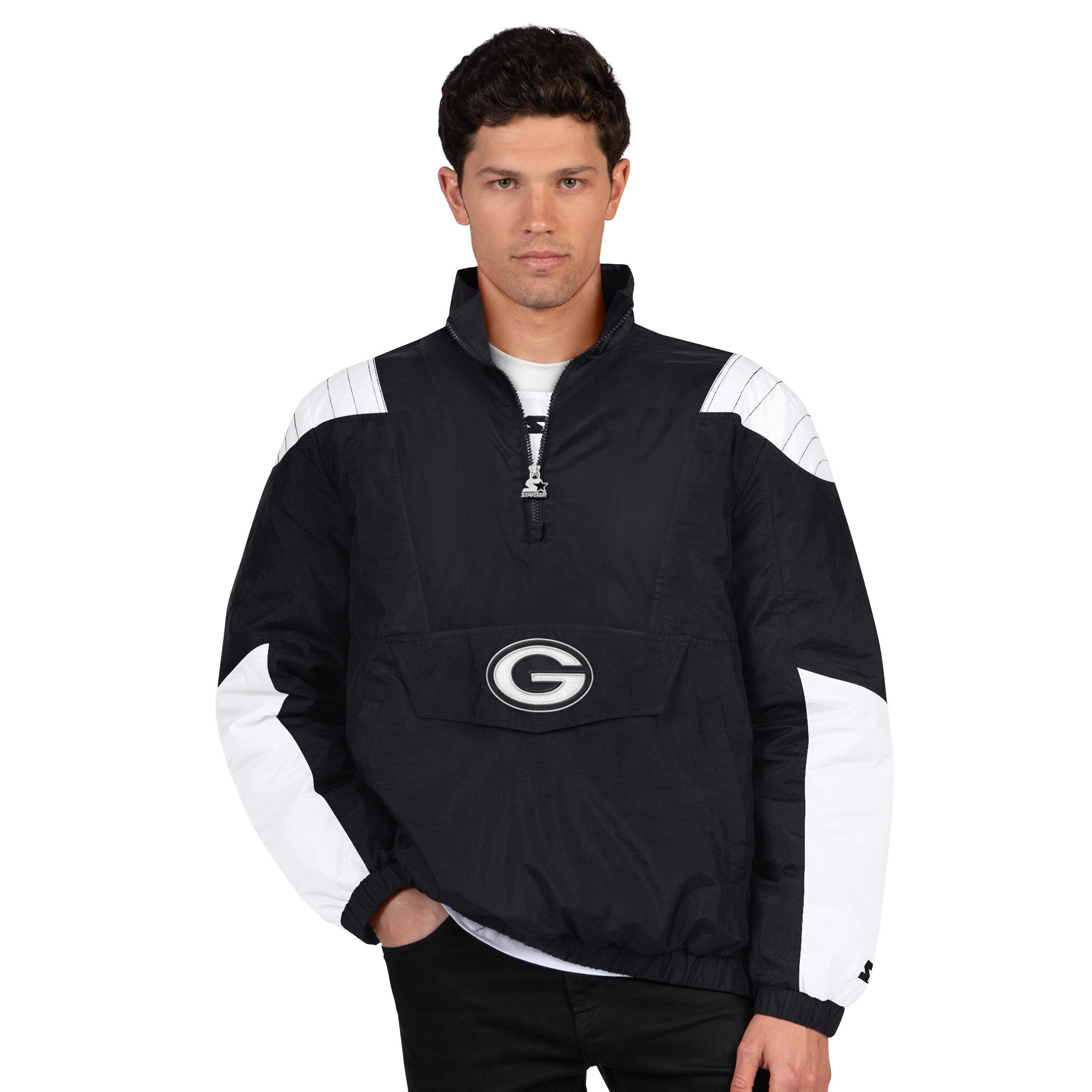 Men's Starter Black Green Bay Packers Gridiron Half-Zip Jacket