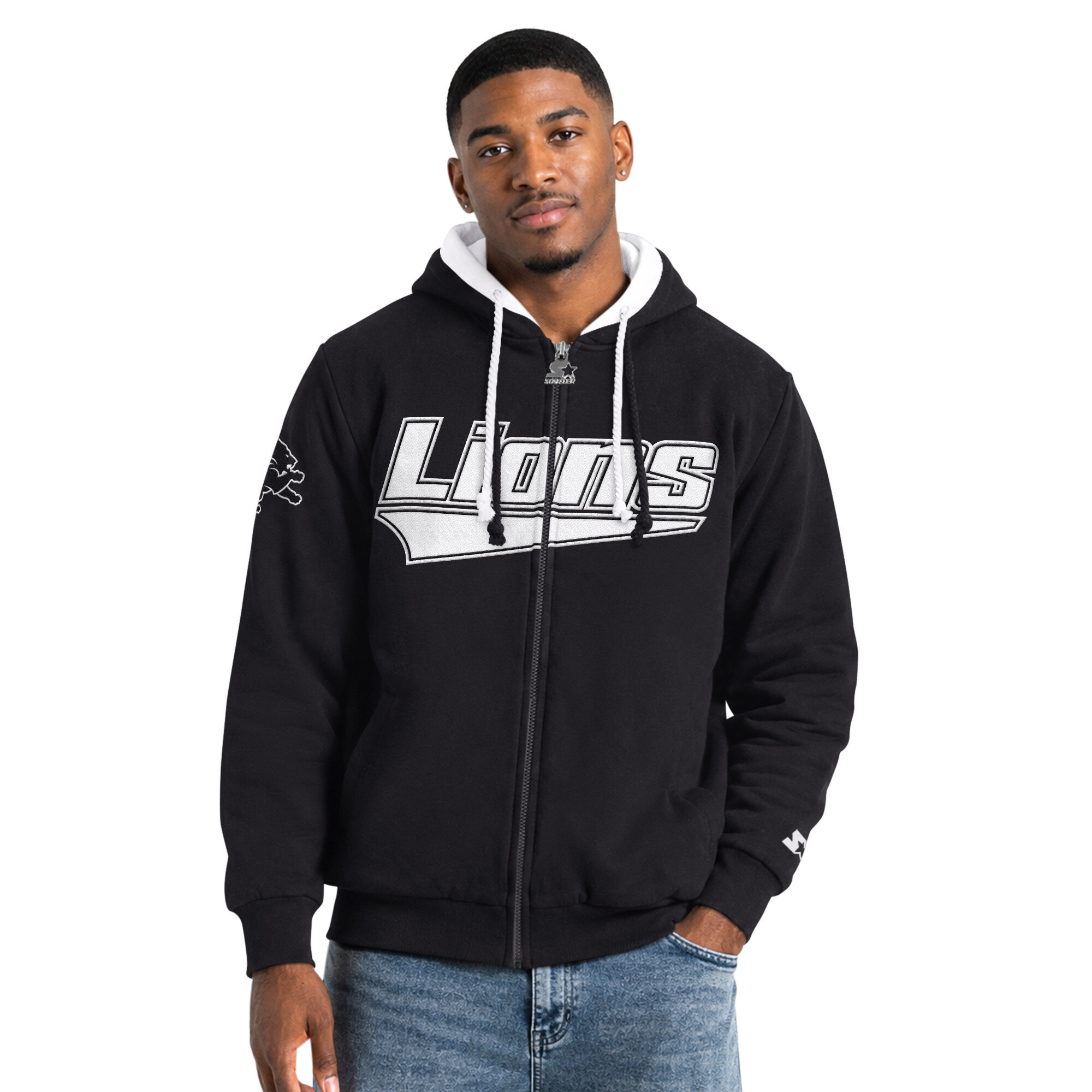 Men's Starter Black Detroit Lions The Rival Full-Zip Hooded Jacket