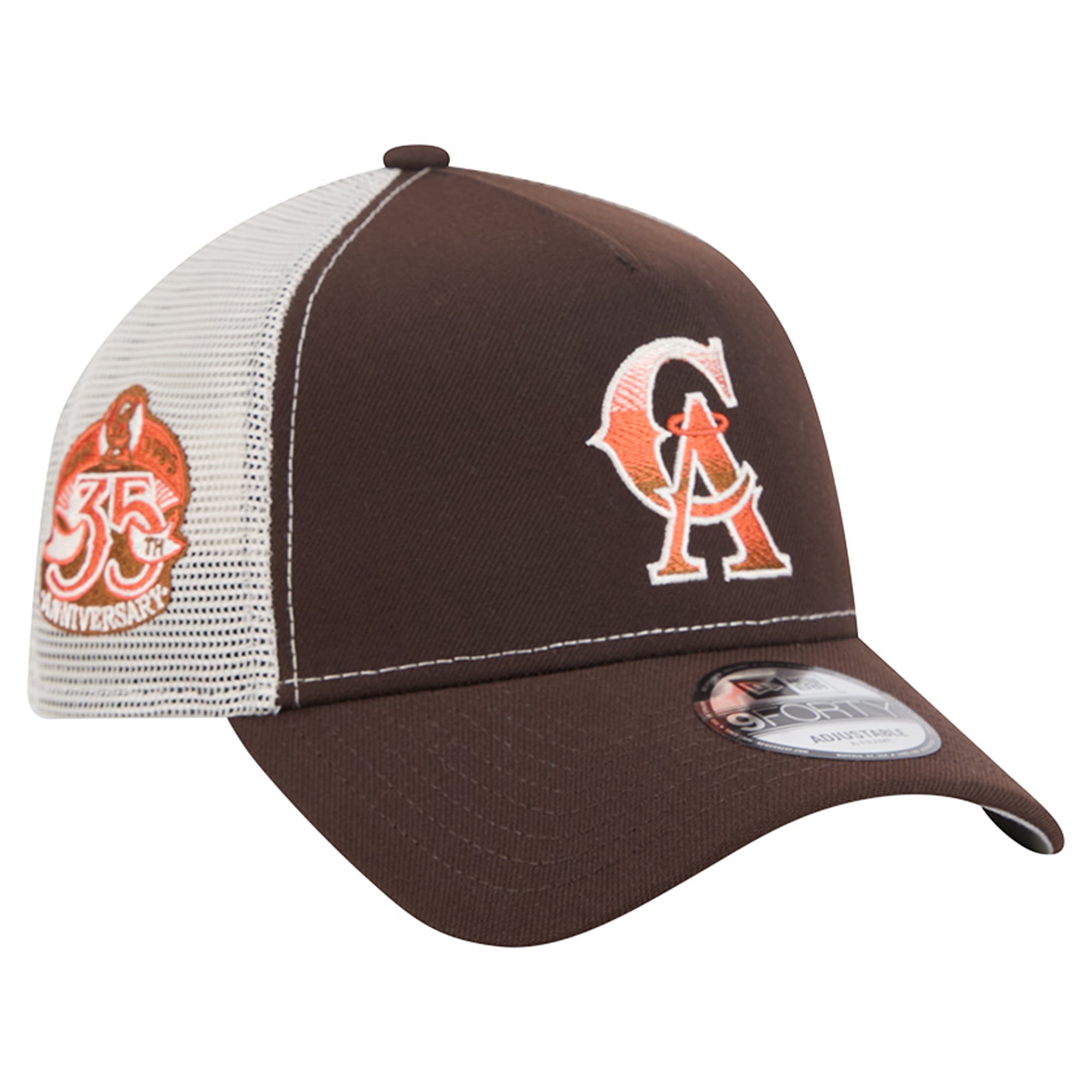 Men's New Era Brown California Angels Pumpkin Spice A-Frame 9FORTY Adjustable Trucker Hat