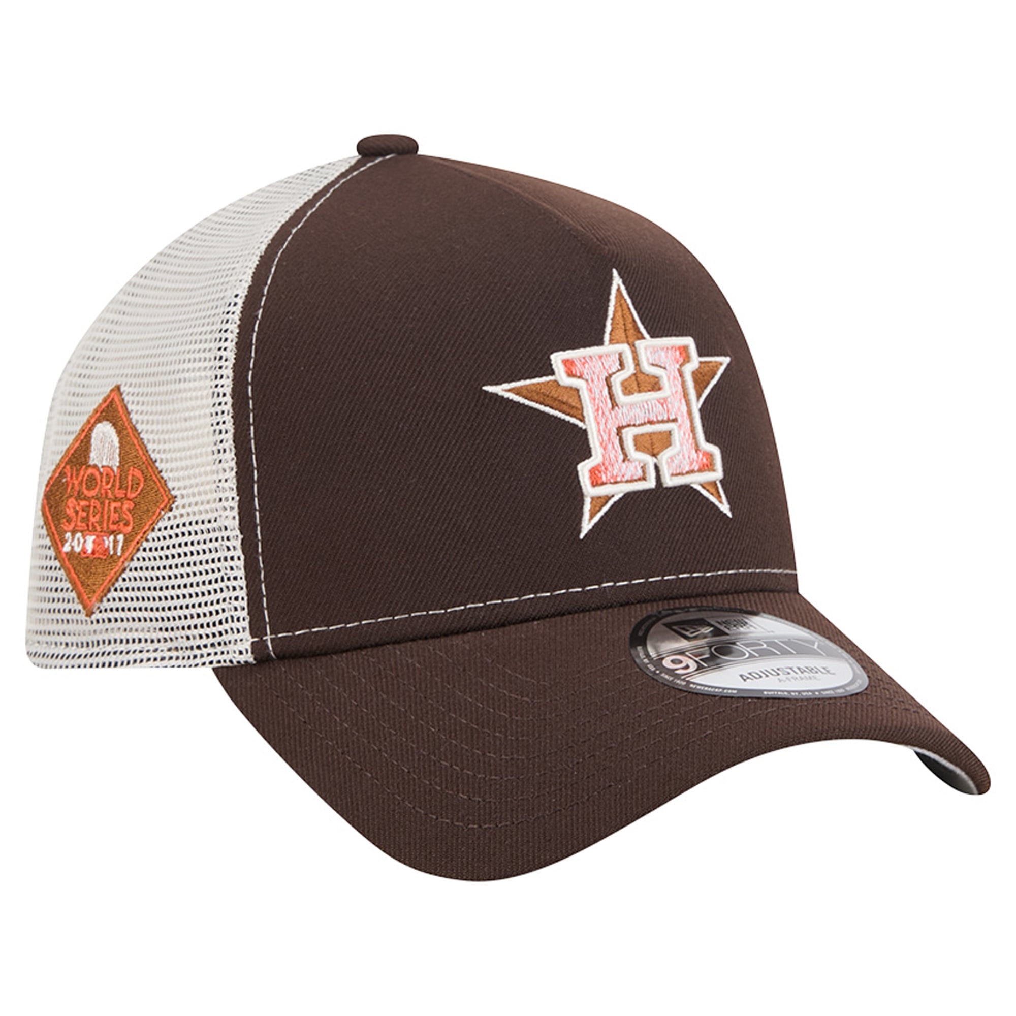 Men's New Era Brown Houston Astros Pumpkin Spice A-Frame 9FORTY Adjustable Trucker Hat