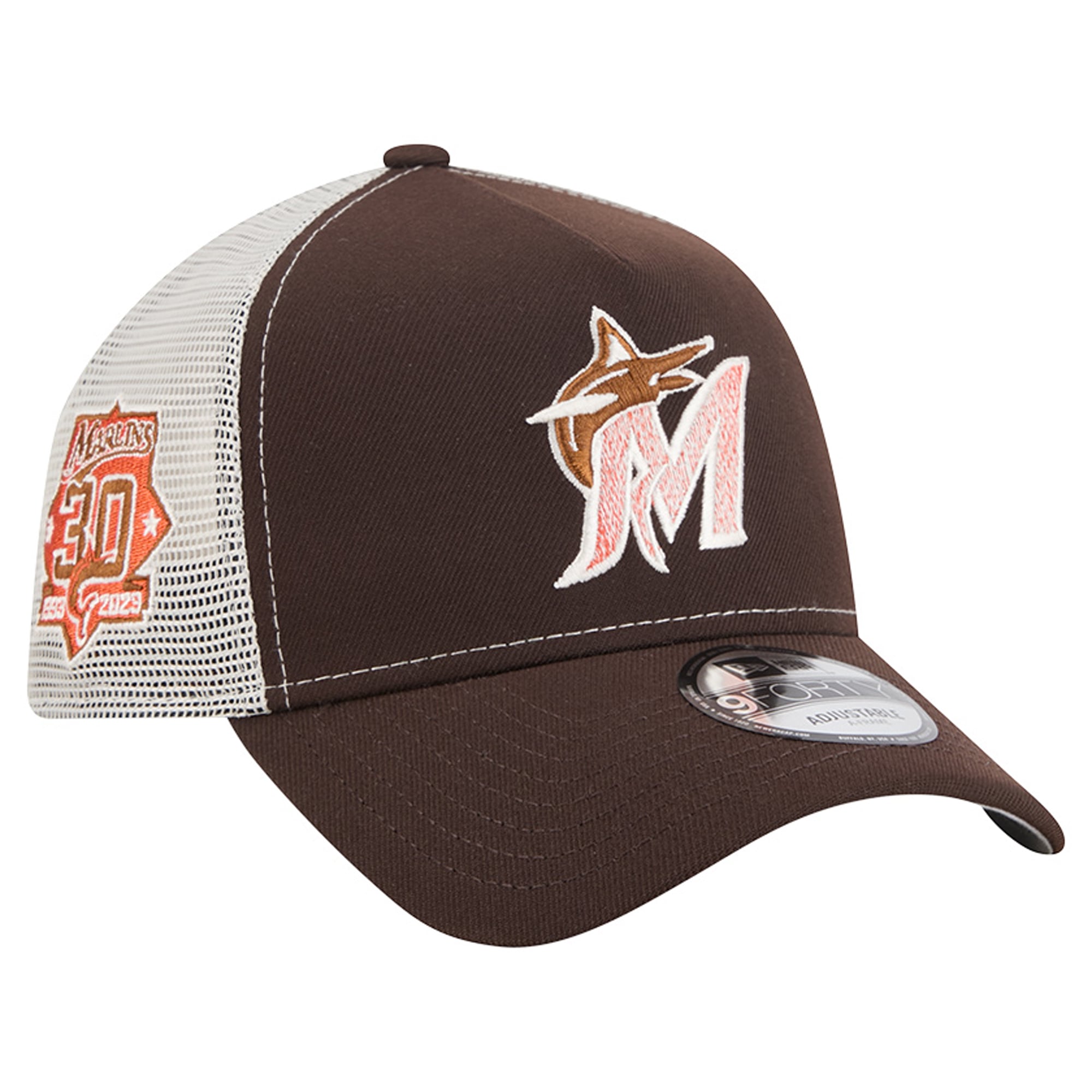 Men's New Era Brown Miami Marlins Pumpkin Spice A-Frame 9FORTY Adjustable Trucker Hat