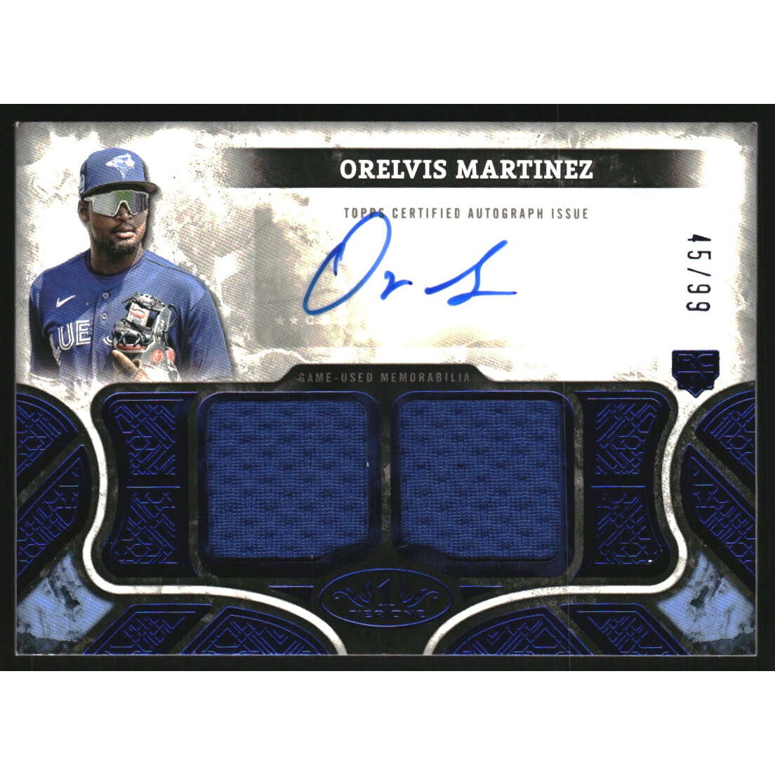 2025 Topps Tier One Relic Autographs Blue Dual Relics #AT1ROM Orelvis Martinez. rookie card picture