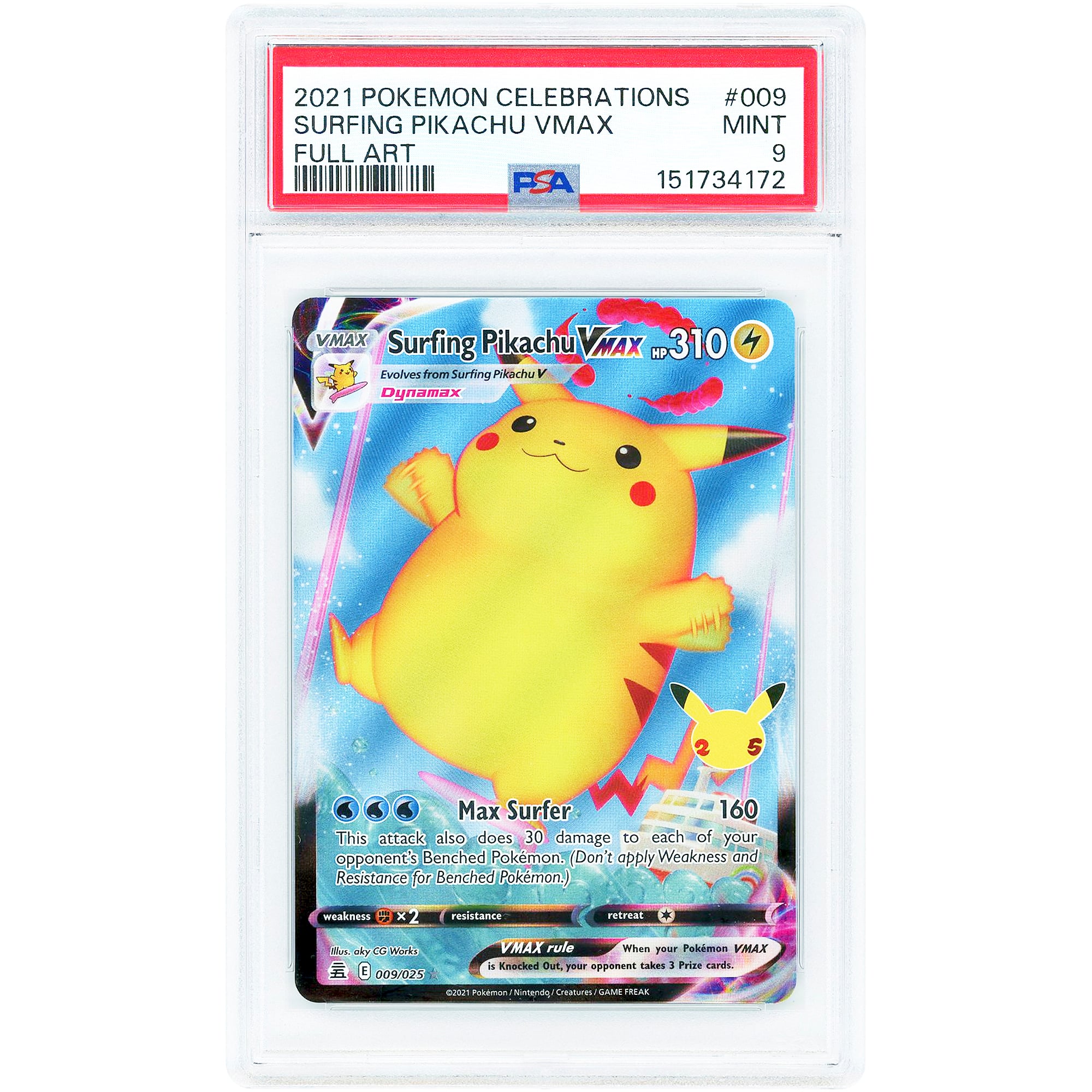 Surfing Pikachu VMAX 2021 Pokemon Celebrations Ultra Rare #9 PSA Authenticated 9 Card