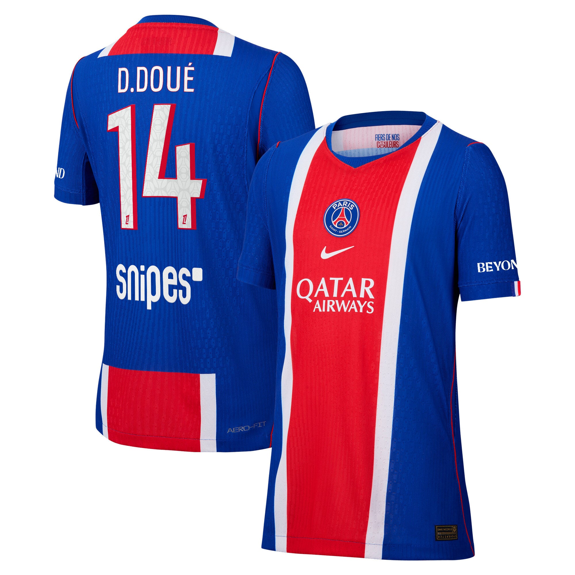 PSG Nike Home Aero-FIT Match Shirt 2026-27 - Kids with D.Doué 14 printing: retailer-supplied image