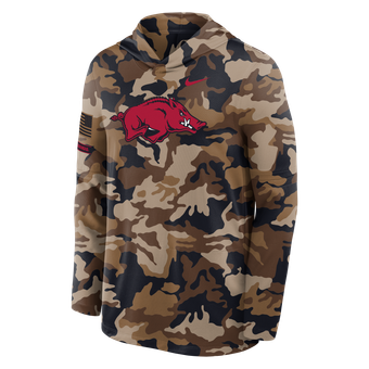 Men's Nike Camo Arkansas Razorbacks 2026 Military Appreciation Dri-FIT Hooded Long Sleeve T-Shirt