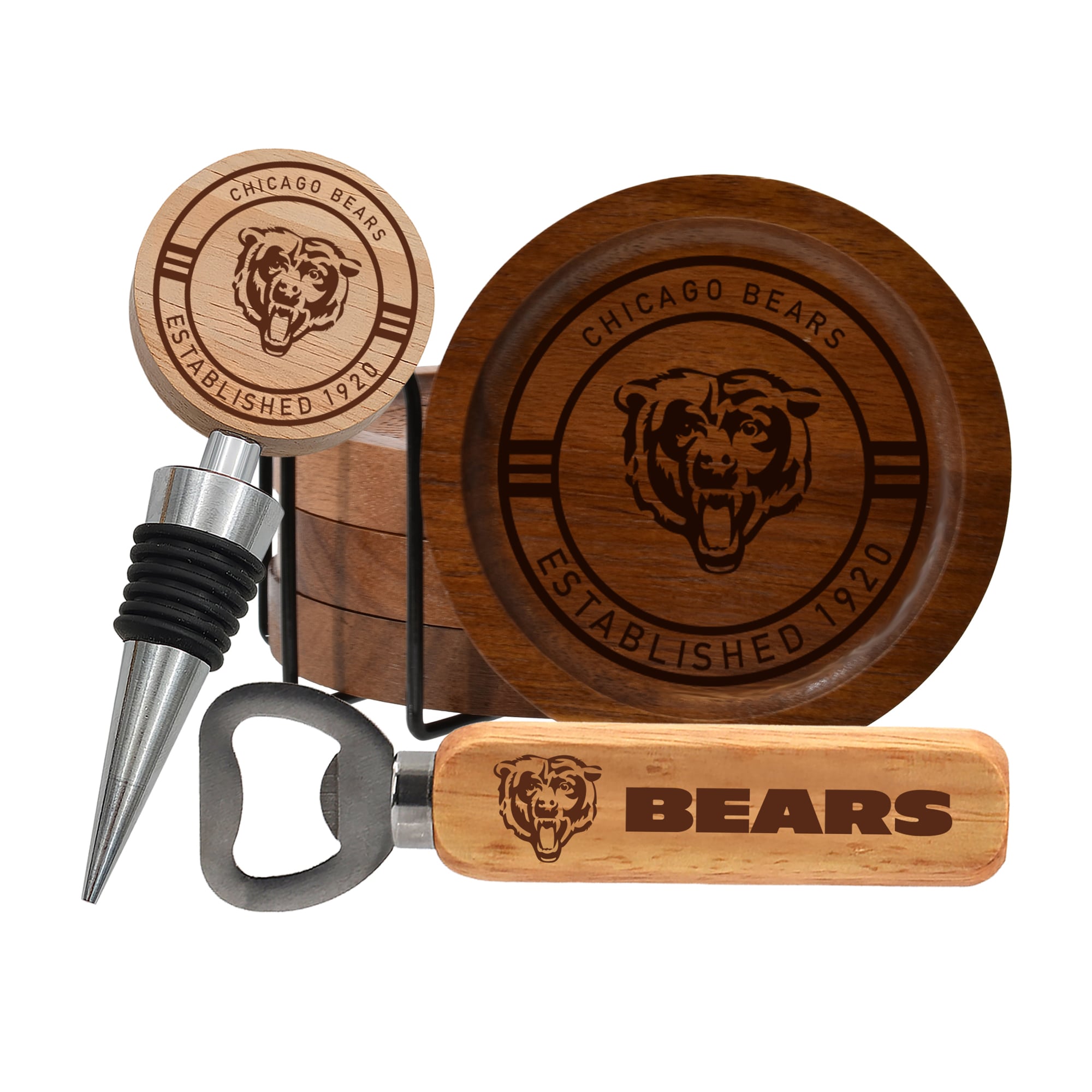The Memory Company Chicago Bears Coaster, Bottle Opener & Wine Stopper Set