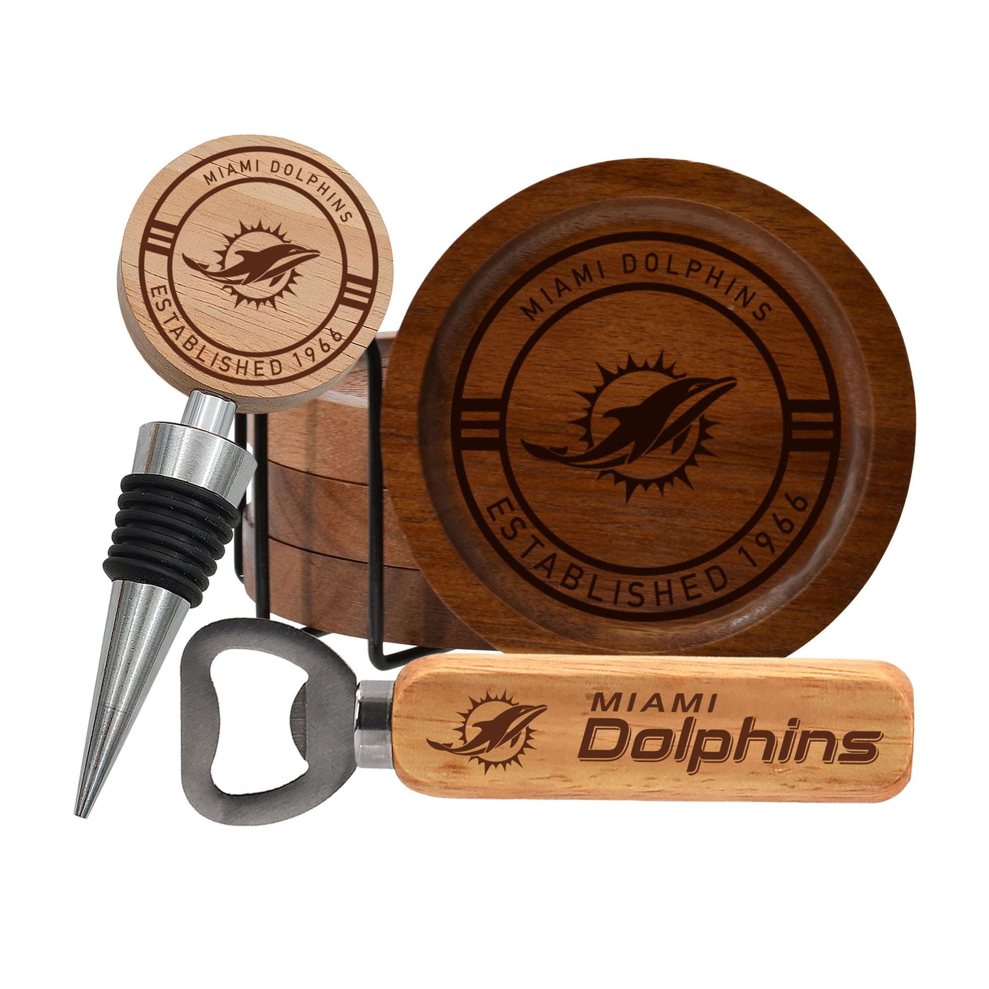 The Memory Company Miami Dolphins Coaster, Bottle Opener & Wine Stopper Set