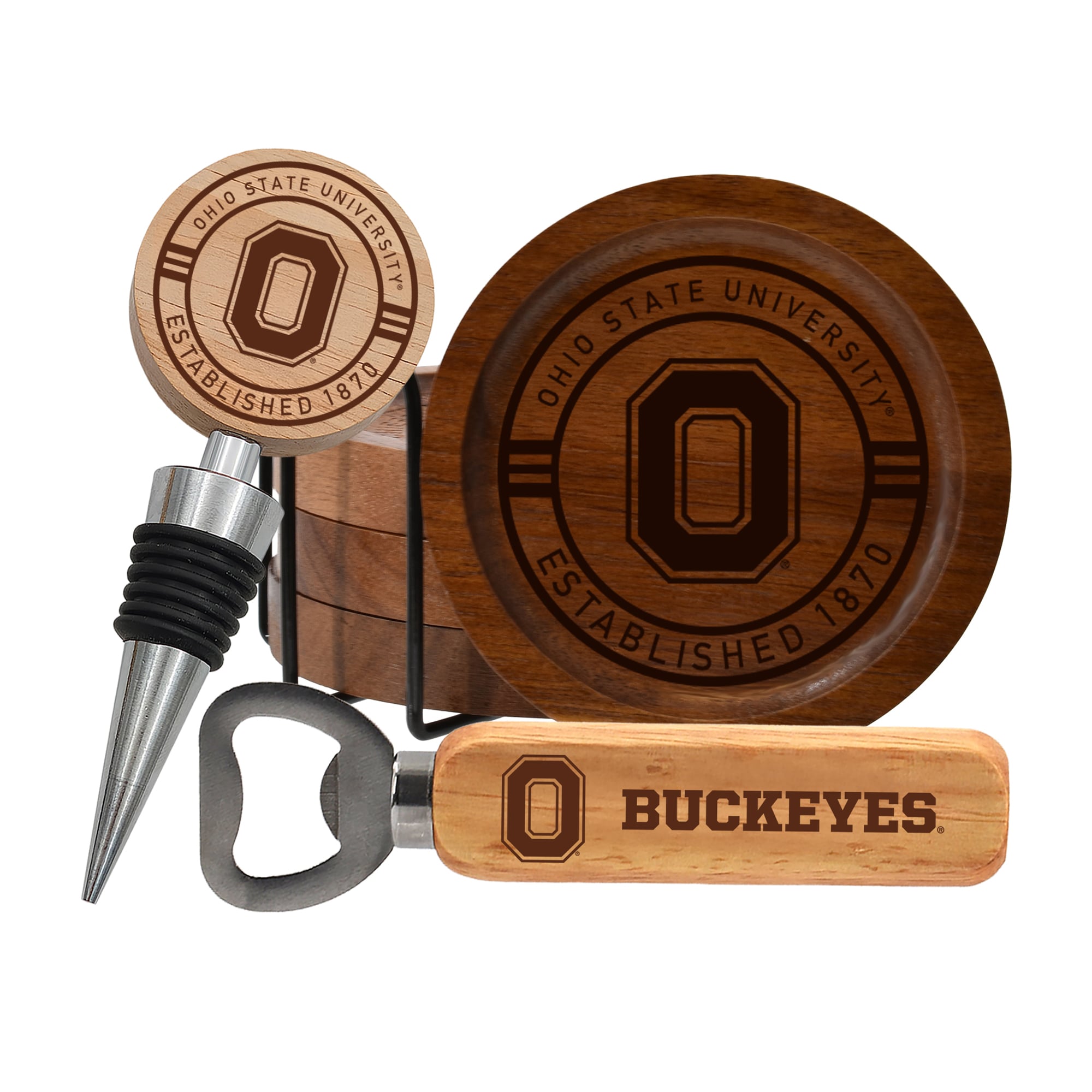 The Memory Company Ohio State Buckeyes Coaster, Bottle Opener & Wine Stopper Set