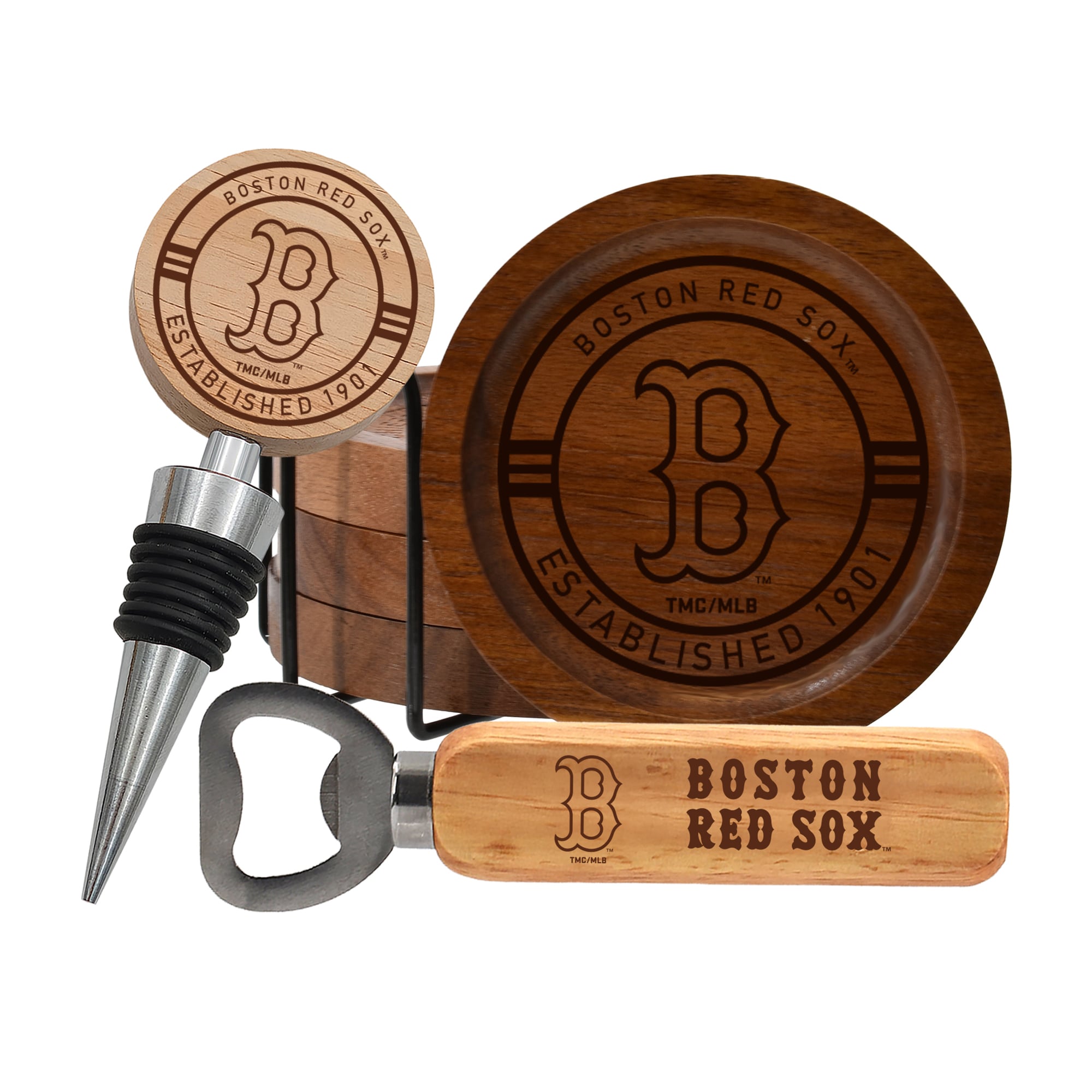 The Memory Company Boston Red Sox Coaster, Bottle Opener & Wine Stopper Set