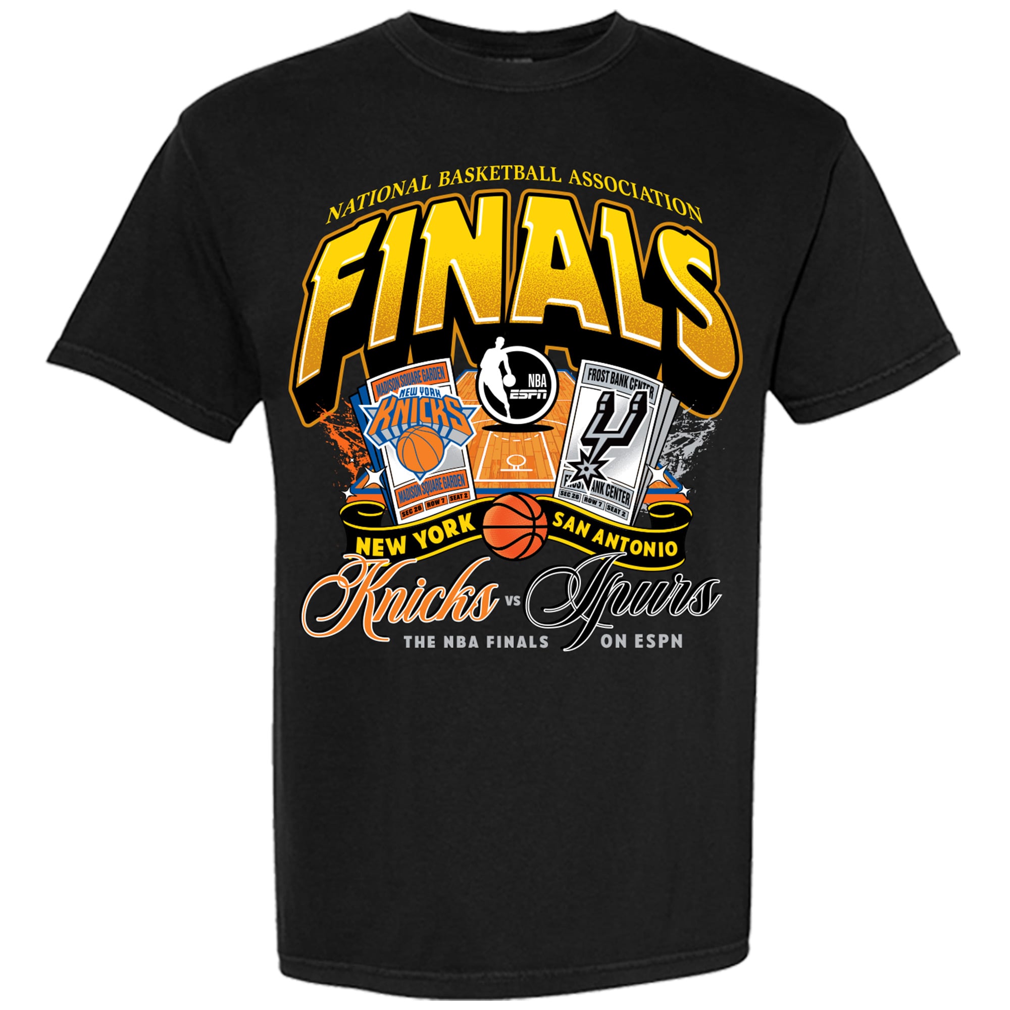Unisex Black New York Knicks vs. San Antonio Spurs 2026 NBA Finals Matchup Tickets T-Shirt