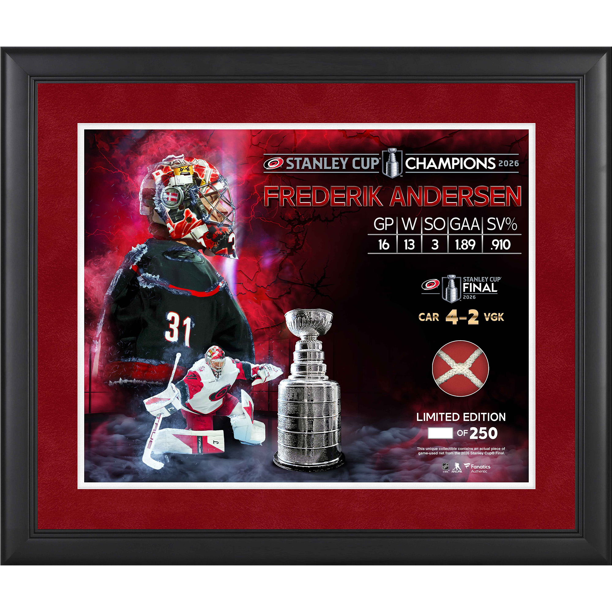 Frederik Andersen Carolina Hurricanes 2026 Stanley Cup Champions Framed 16" x 20" Collage with a Piece of Game-Used…: retailer-supplied image