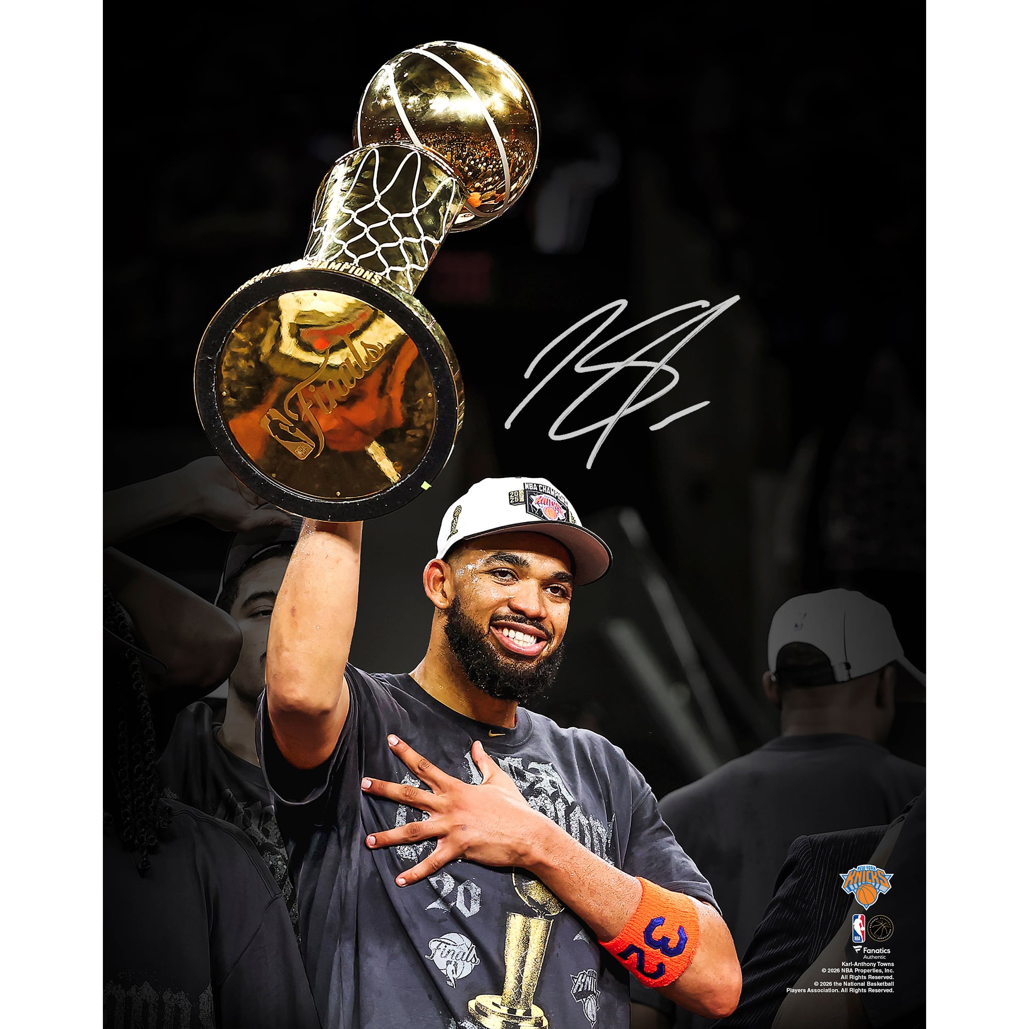 Karl-Anthony Towns New York Knicks Autographed 2026 NBA Finals Champions 16" x 20" Holding Larry O'Brien Trophy Spotlight Photograph