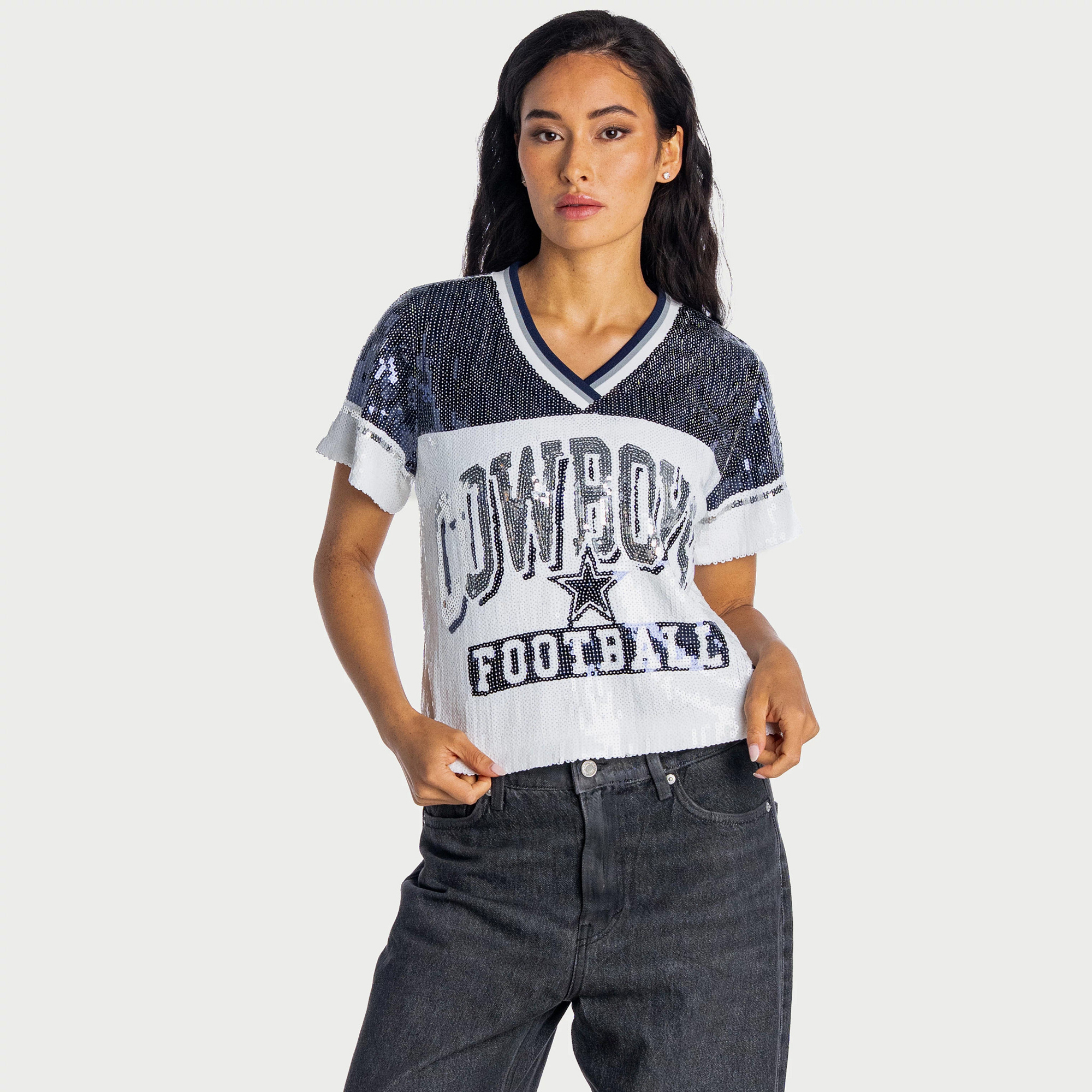 Women's The Wild Collective White Dallas Cowboys Sequin V-Neck T-Shirt