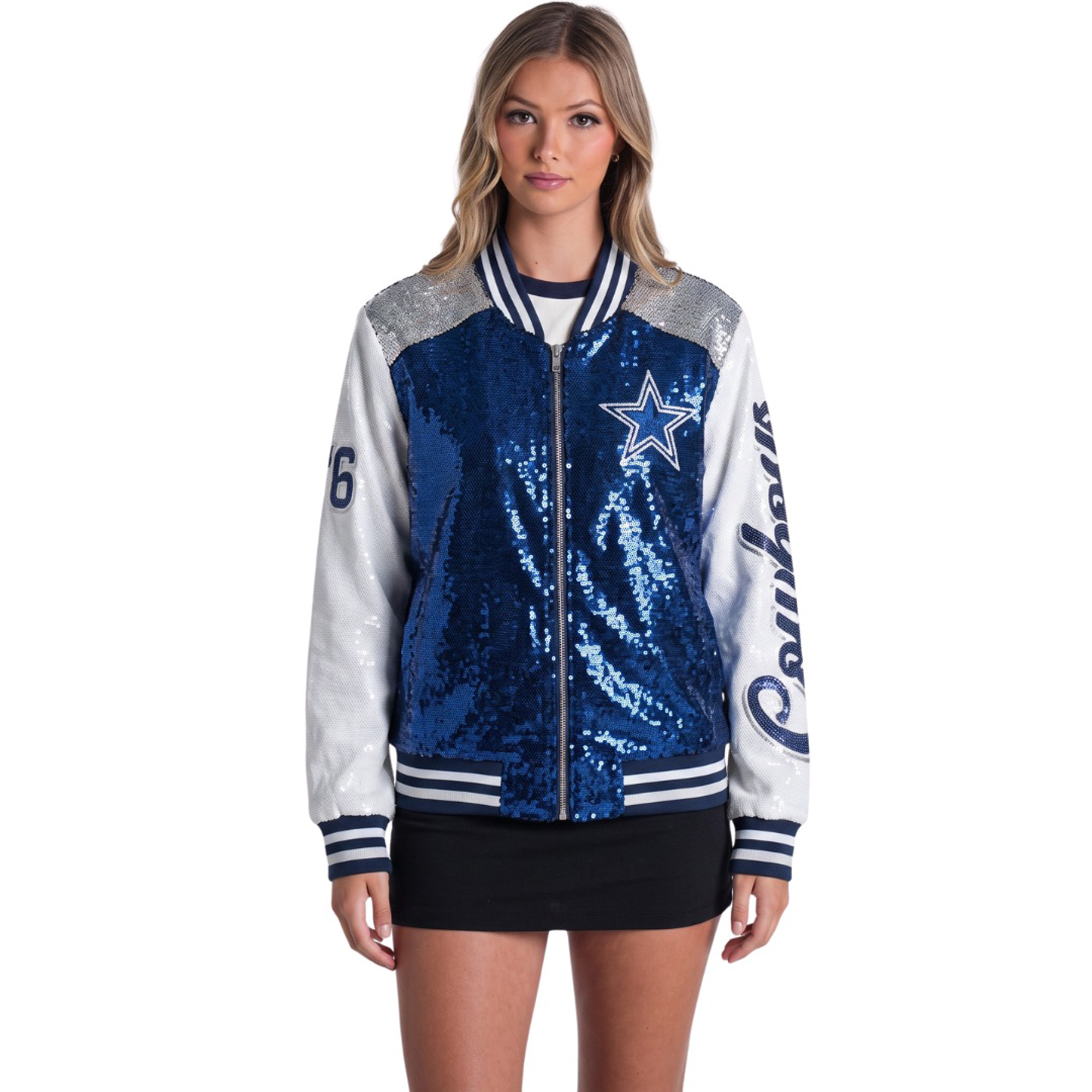 Women's The Wild Collective  Dallas Cowboys Navy Full-Zip Sequin Bomber Jacket