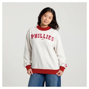Women's Fanatics Cream Philadelphia Phillies Team Name Funnel Neck Fleece Sweatshirt