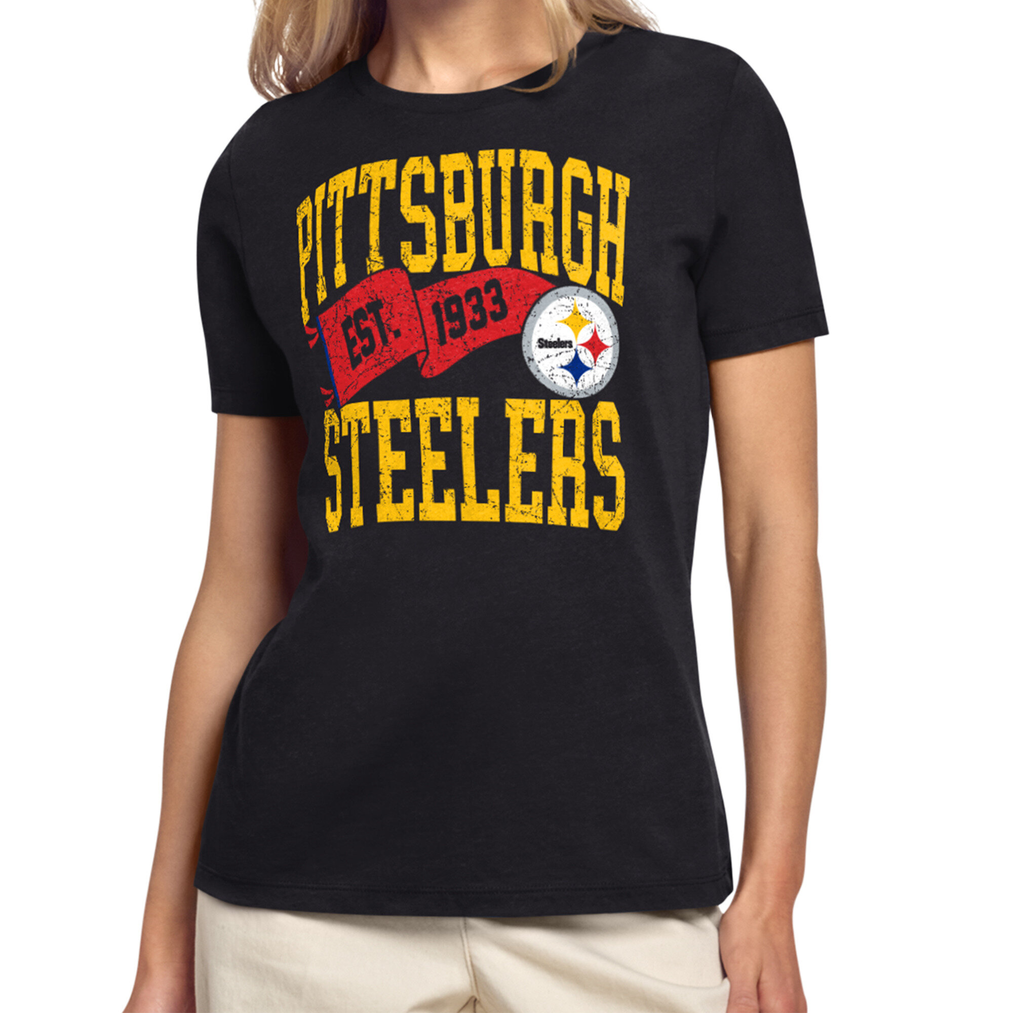 Women's Starter Black Pittsburgh Steelers Pennant T-Shirt