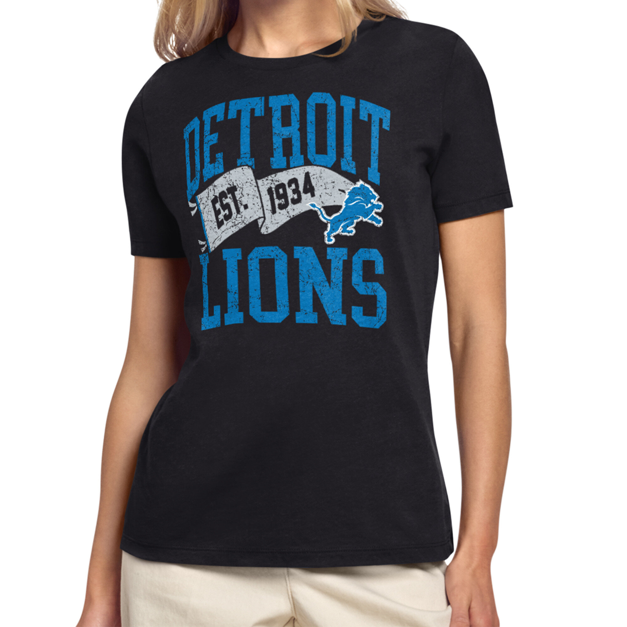 Women's Starter Black Detroit Lions Pennant T-Shirt