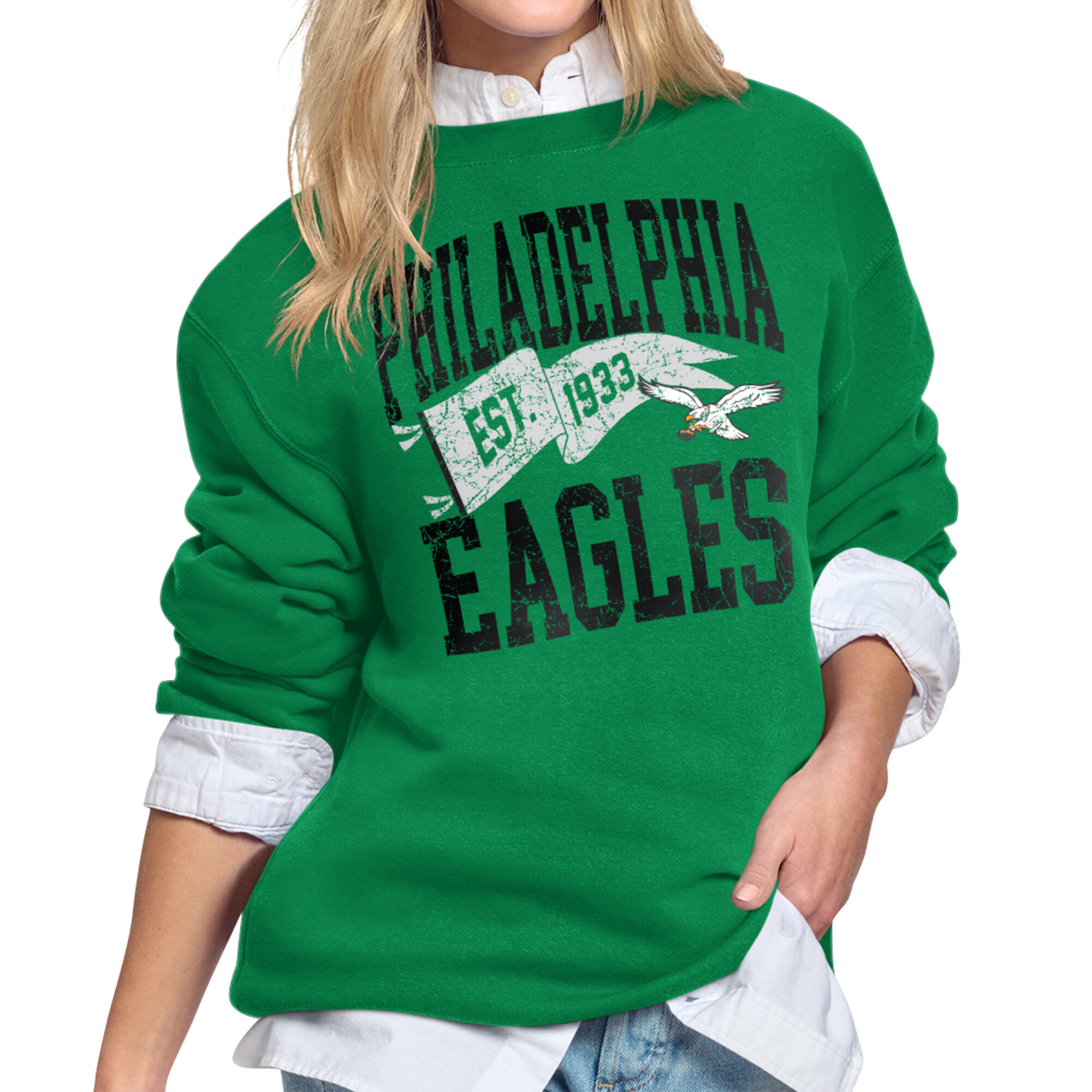 Starter Women's Kelly Green Philadelphia Eagles Pennant Fleece Sweatshirt - Kelly Green