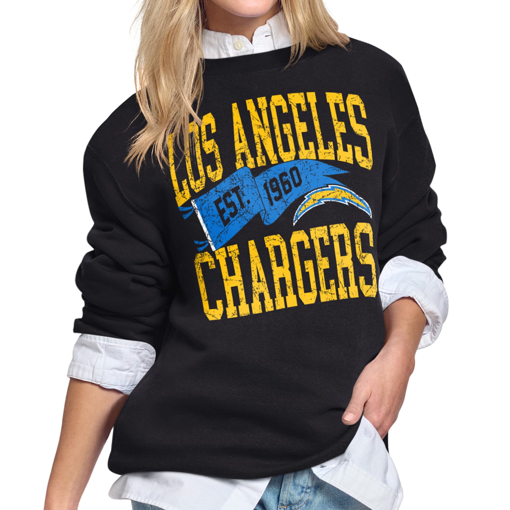 Women’s Starter Black Los Angeles Chargers Pennant Fleece Sweatshirt