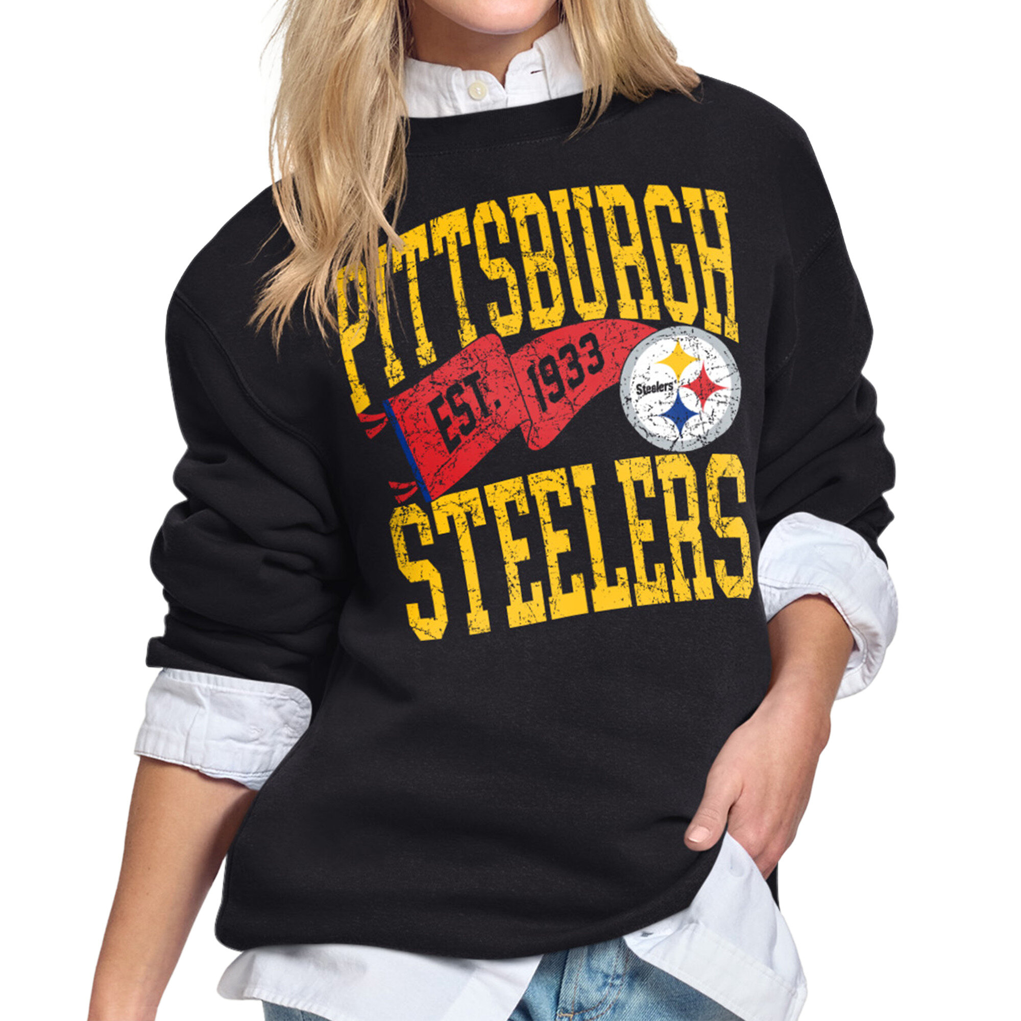 Women's Starter Black Pittsburgh Steelers Pennant Fleece Sweatshirt