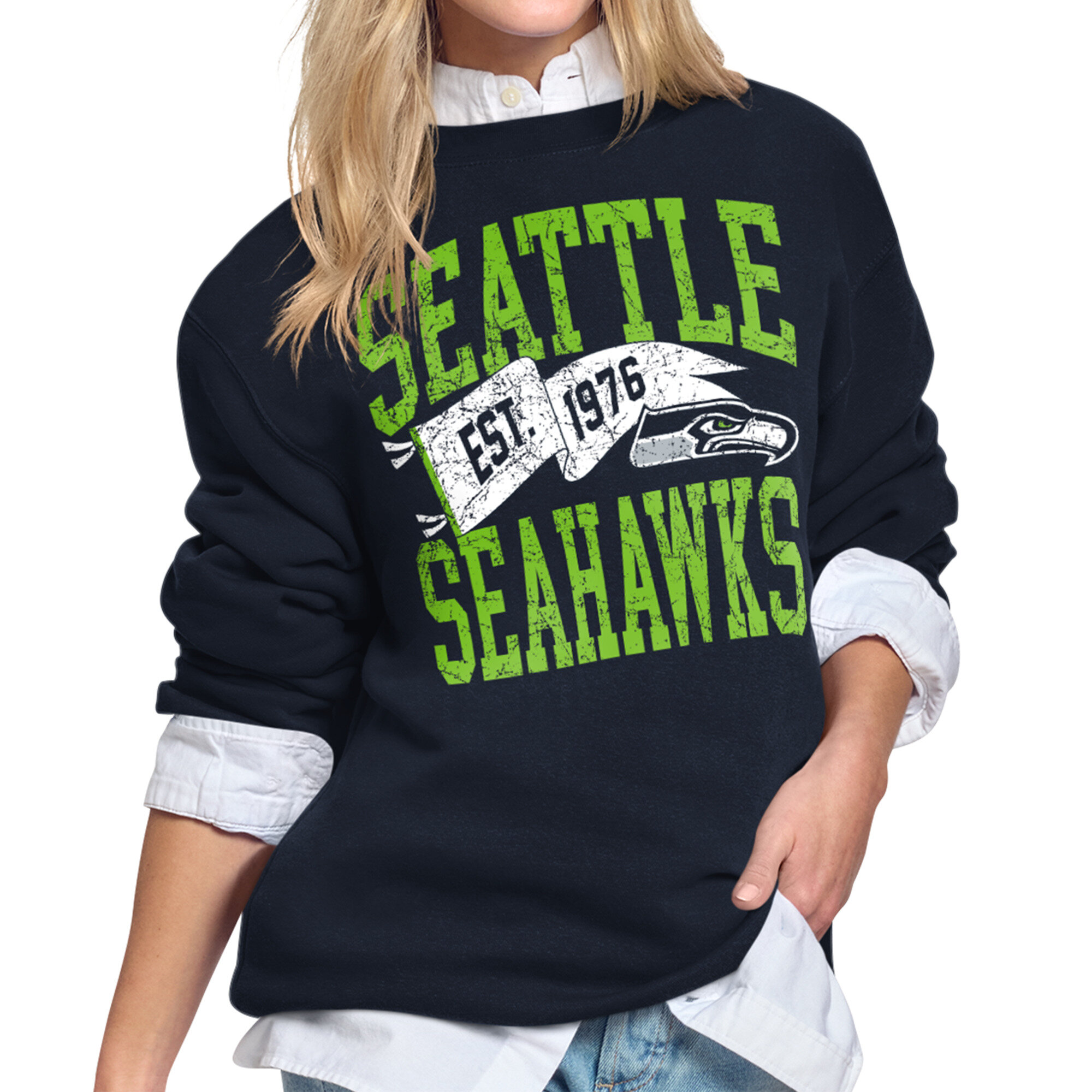 Women's Starter College Navy Seattle Seahawks Pennant Fleece Sweatshirt