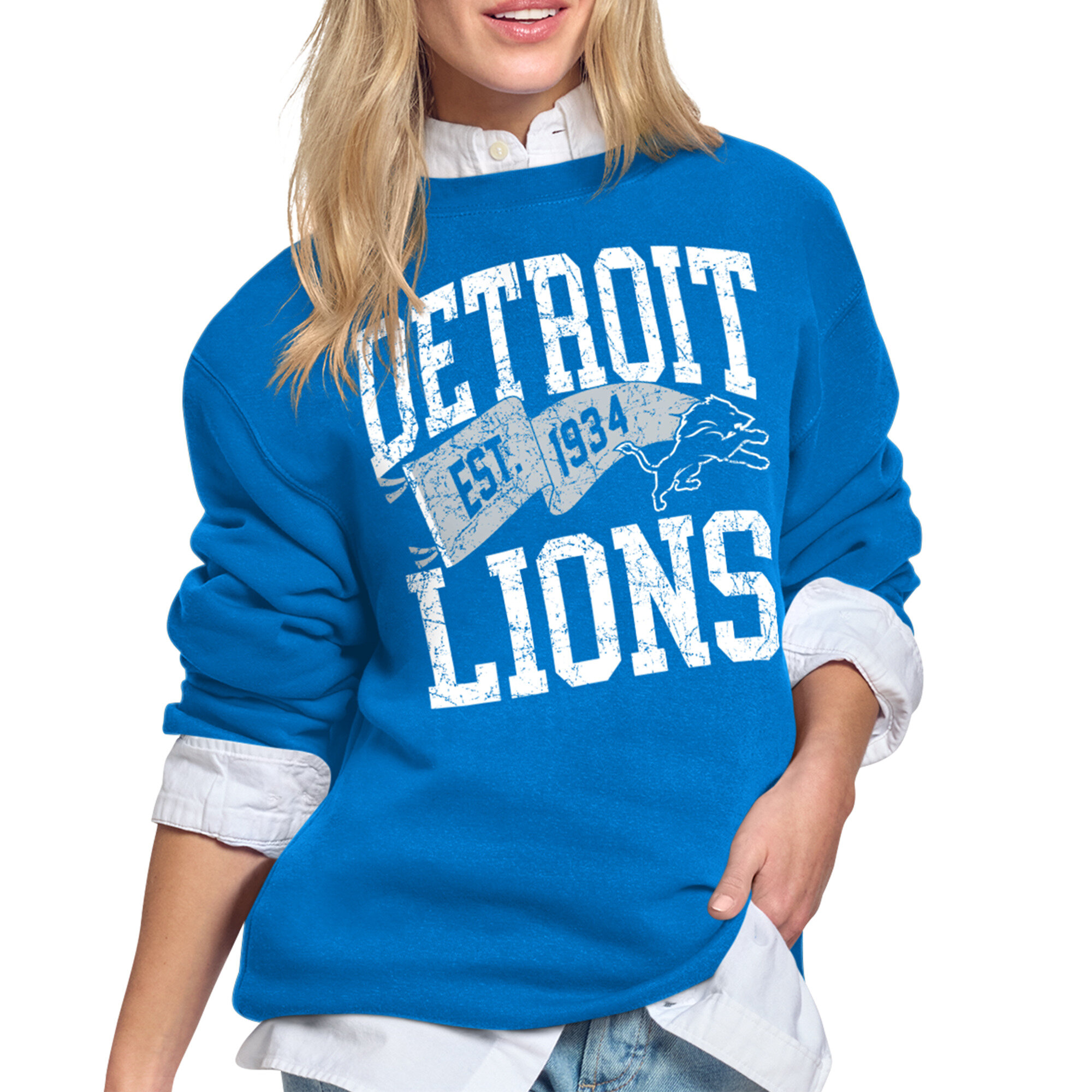 Women's Starter Royal Detroit Lions Pennant Fleece Sweatshirt