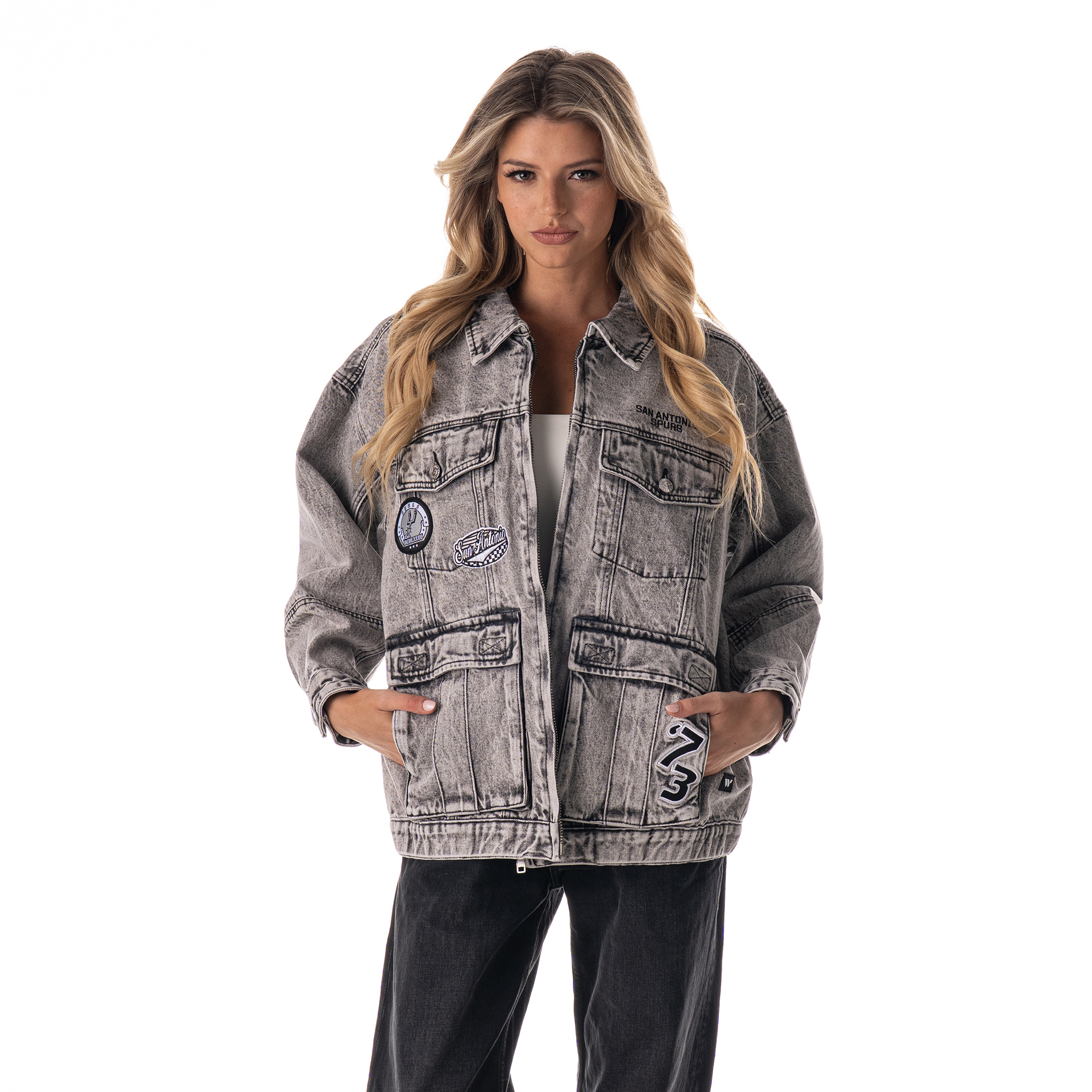 Women's The Wild Collective  Gray San Antonio Spurs Oversized Cargo Denim Full-Zip Jacket