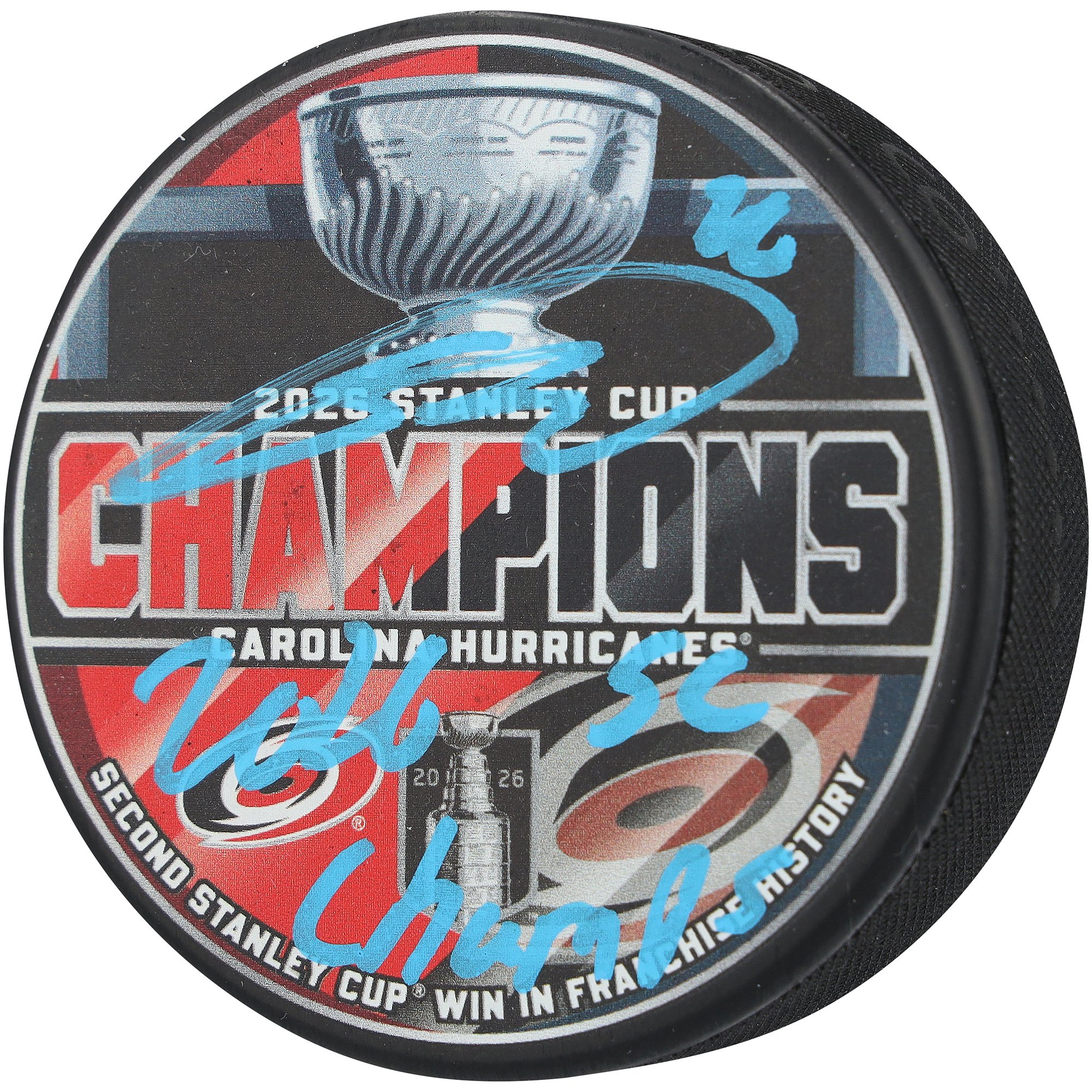 Sebastian Aho Carolina Hurricanes Autographed 2026 Stanley Cup Champions Hockey Puck with "2026 SC Champs" Inscription