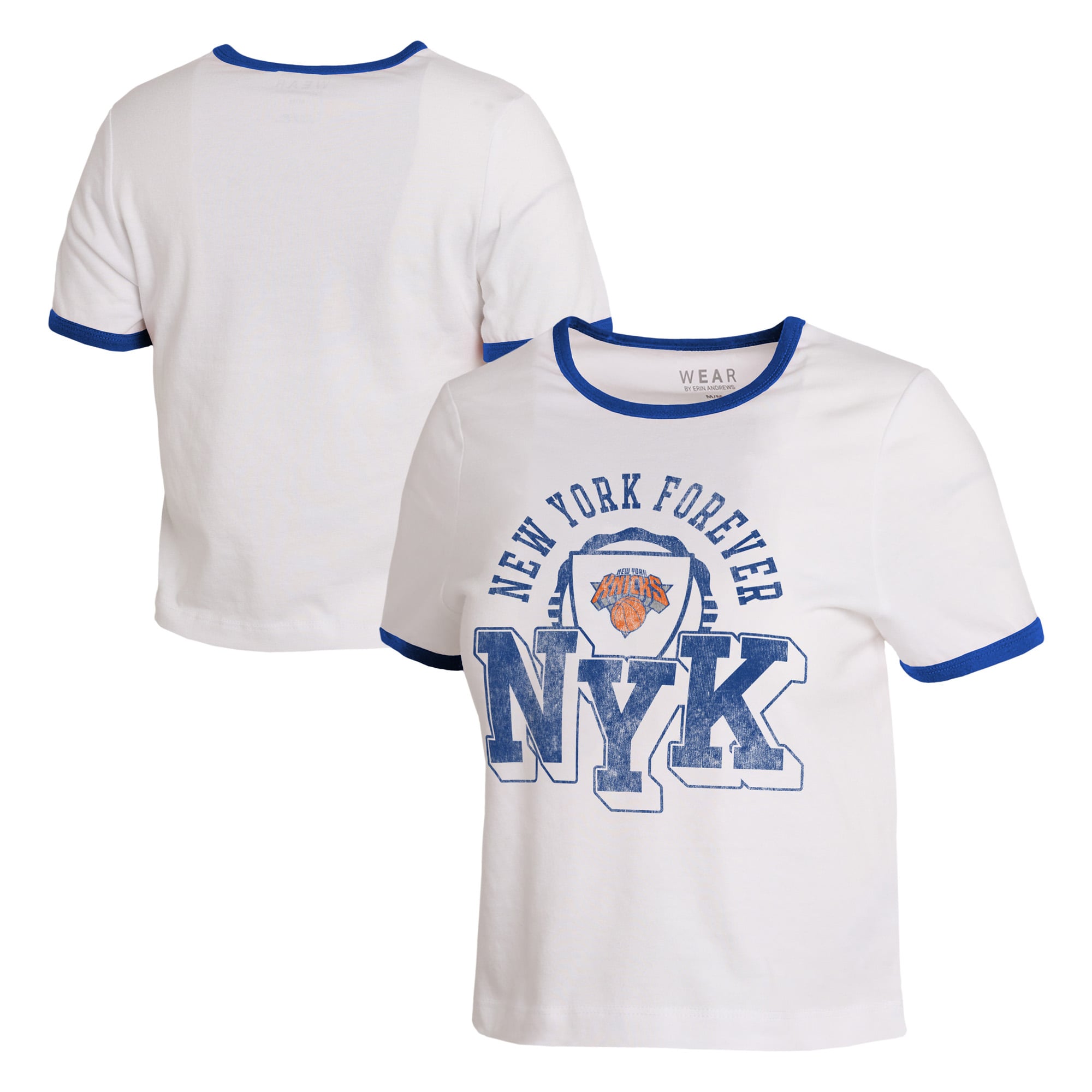 Women's WEAR by Erin Andrews White New York Knicks Cropped Ringer Baby T-Shirt