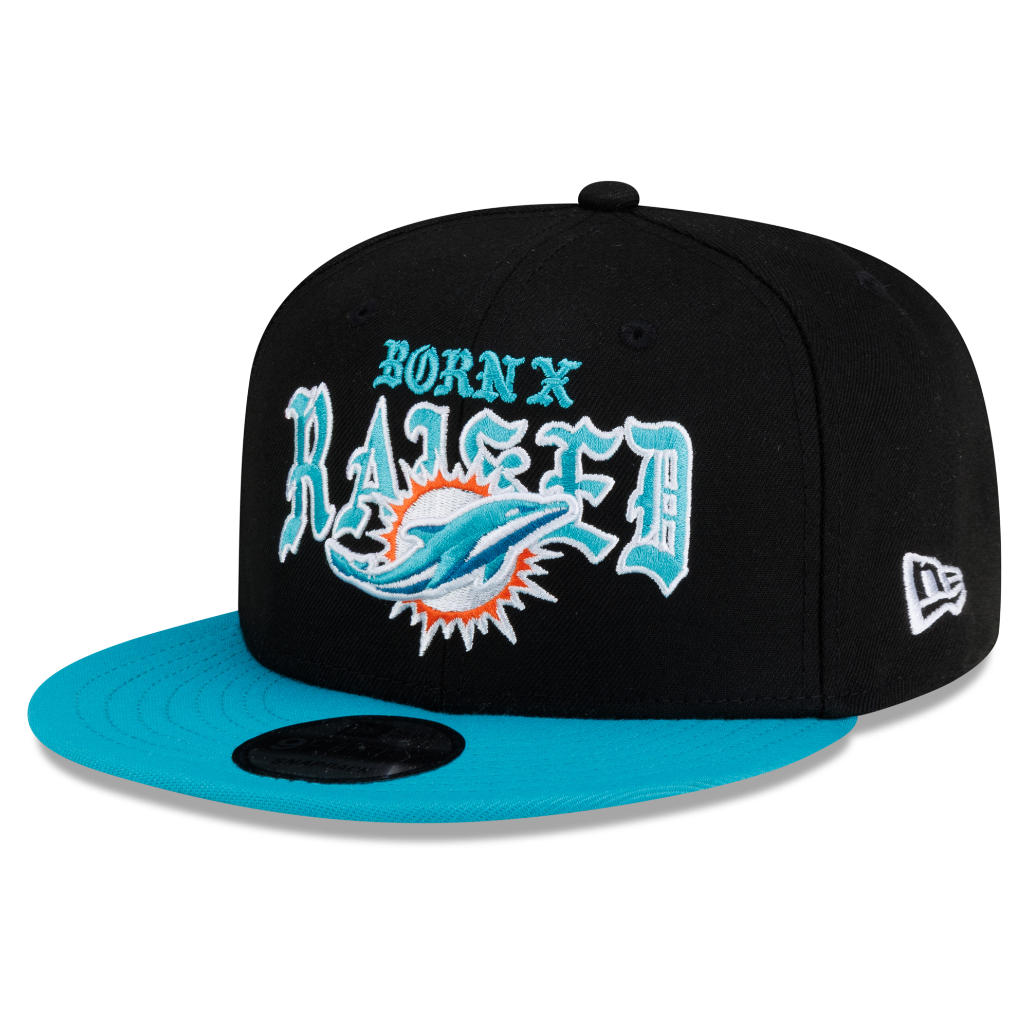 Men's New Era x Born x Raised Black/Aqua Miami Dolphins 9FIFTY Snapback Hat