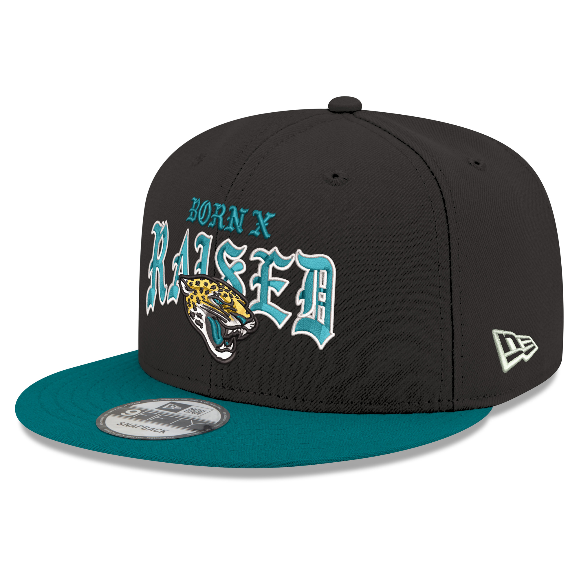 Men's New Era x Born x Raised Black/Teal Jacksonville Jaguars 9FIFTY Snapback Hat