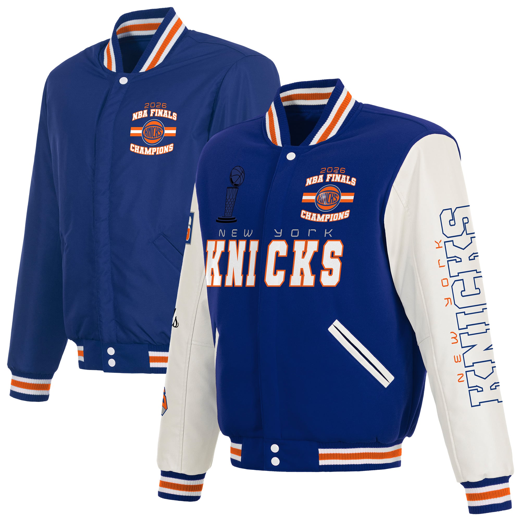 JH Design Herren-Wendejacke mit durchgehenden Druckknöpfen, blau/weiß, New York Knicks, NBA-Finals-Champions 2026